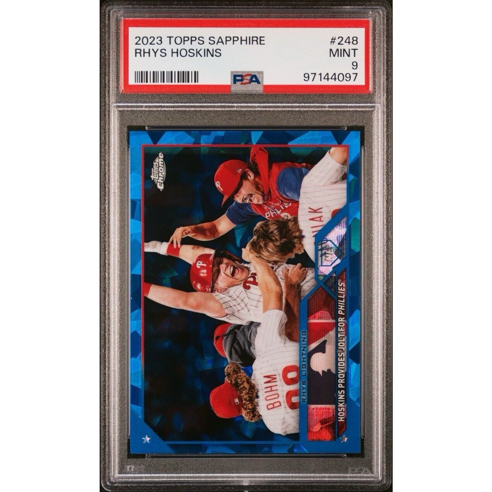 2023 Topps Chrome Sapphire Rhys Hoskins PSA 9 baseball card front view