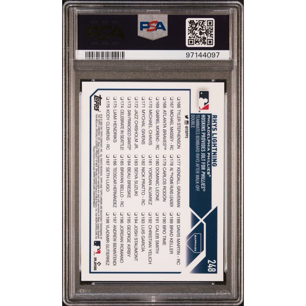 Back view of Rhys Hoskins 2023 Topps Chrome Sapphire PSA graded card