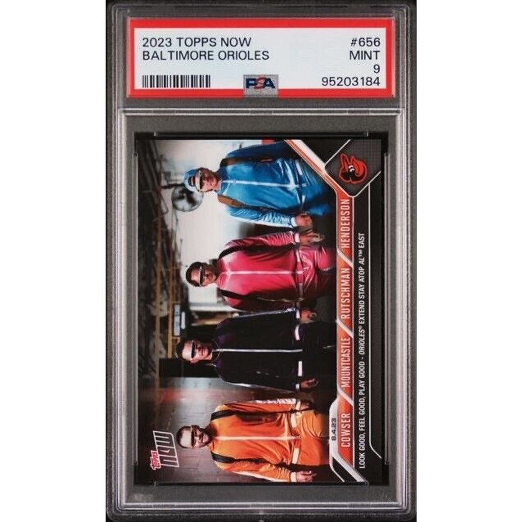 2023 Topps NOW Baltimore Orioles #656 featuring Colton Cowser Adley Rutschman Gunnar Henderson and Ryan Mountcastle PSA 9 front view