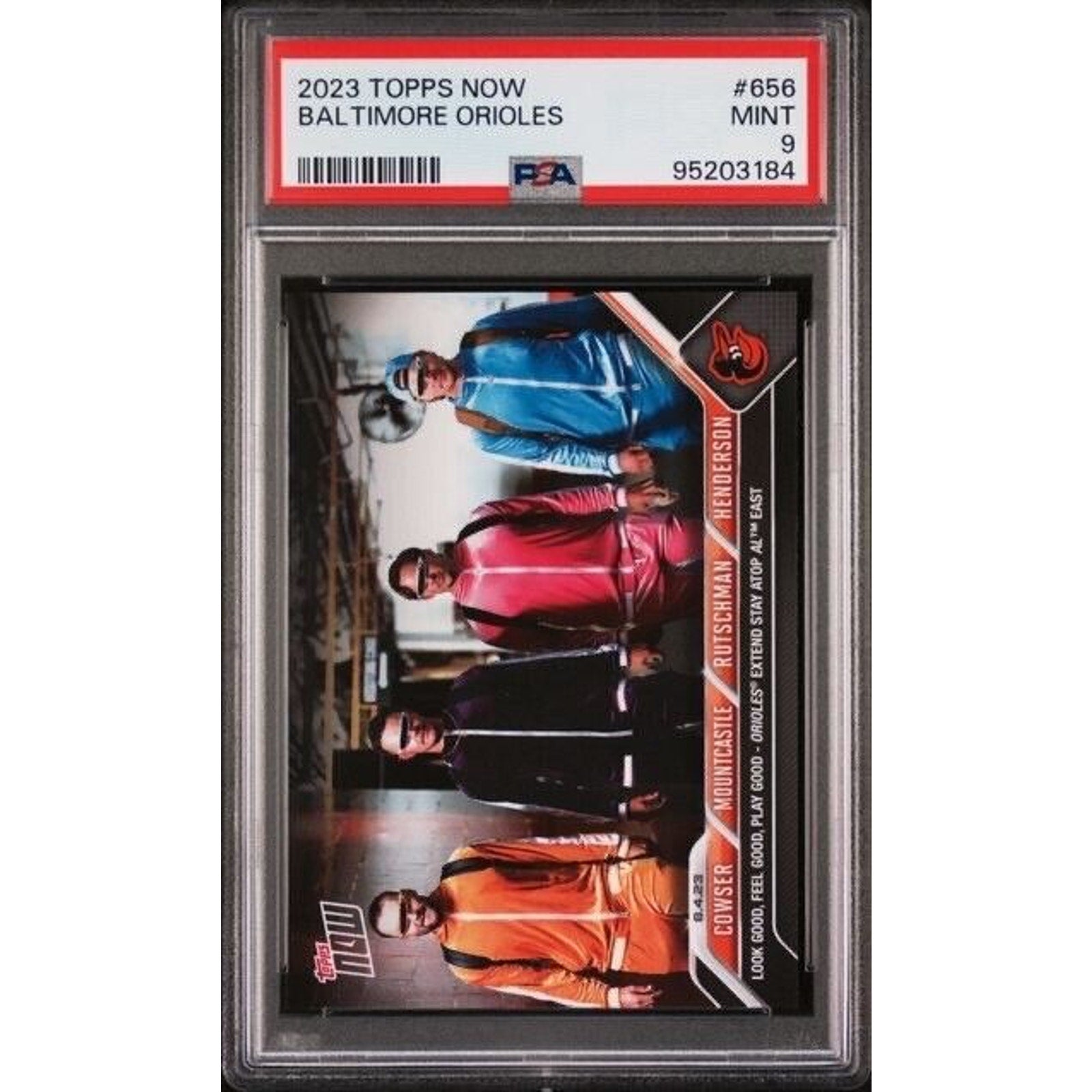 2023 Topps NOW Baltimore Orioles #656 featuring Colton Cowser Adley Rutschman Gunnar Henderson and Ryan Mountcastle PSA 9 front view
