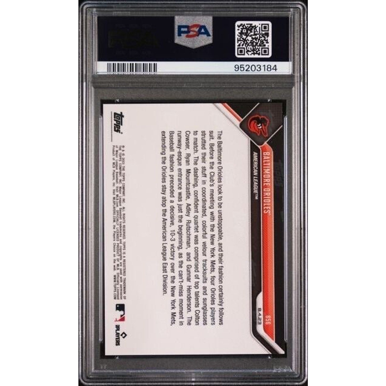 Back view of 2023 Topps NOW Baltimore Orioles #656 baseball card graded PSA 9 Mint featuring Orioles stars