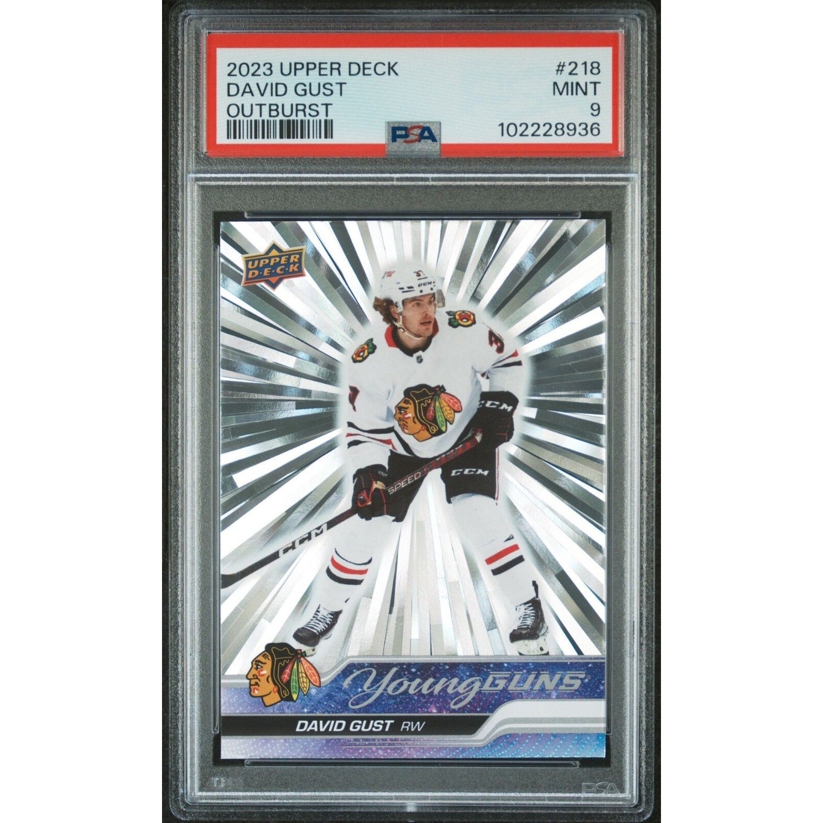 2023 Upper Deck Series 1 Young Guns David Gust Outburst rookie card #218 PSA 9 Mint Chicago Blackhawks front view