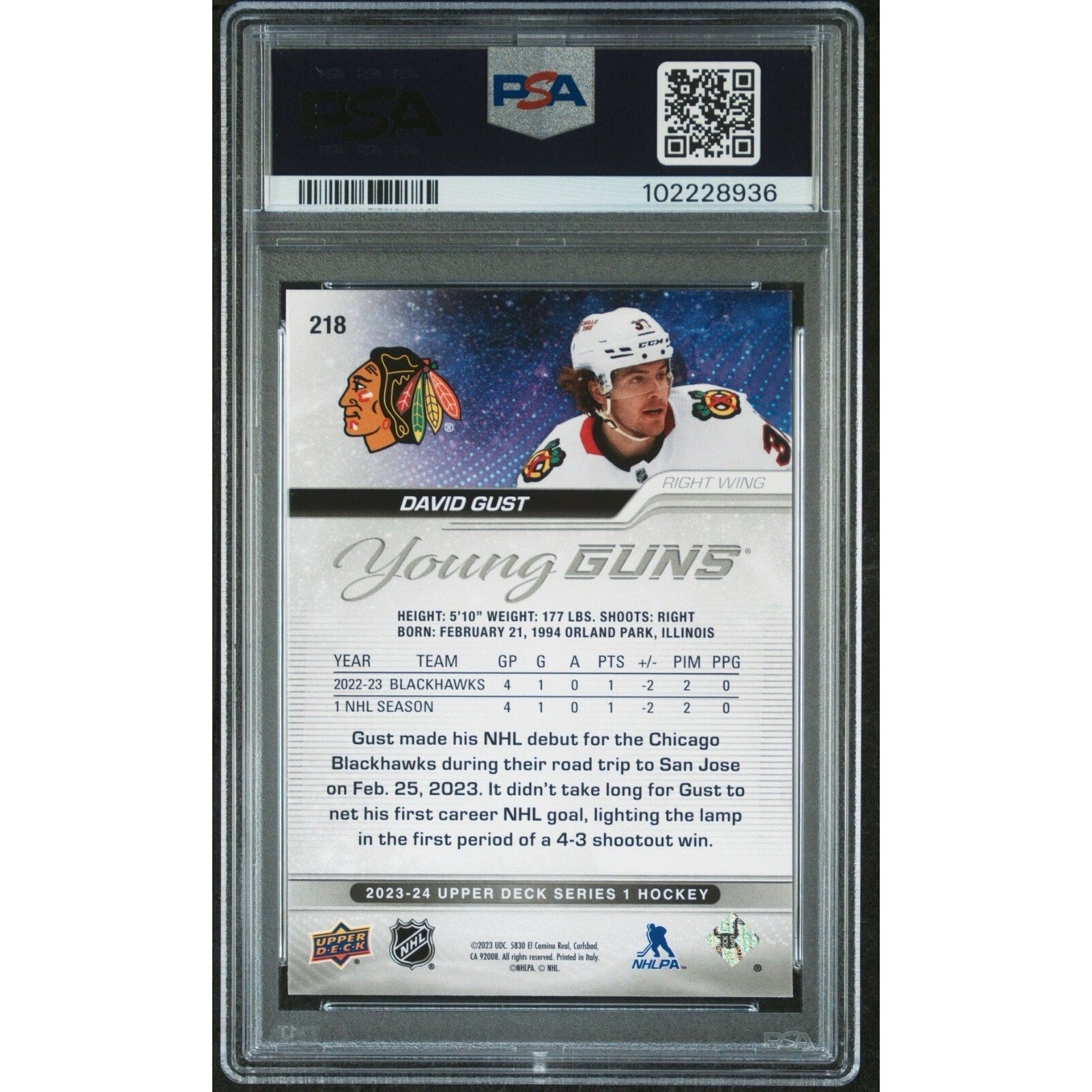 Back view of 2023 Upper Deck Young Guns David Gust Outburst rookie hockey card graded PSA 9 Mint