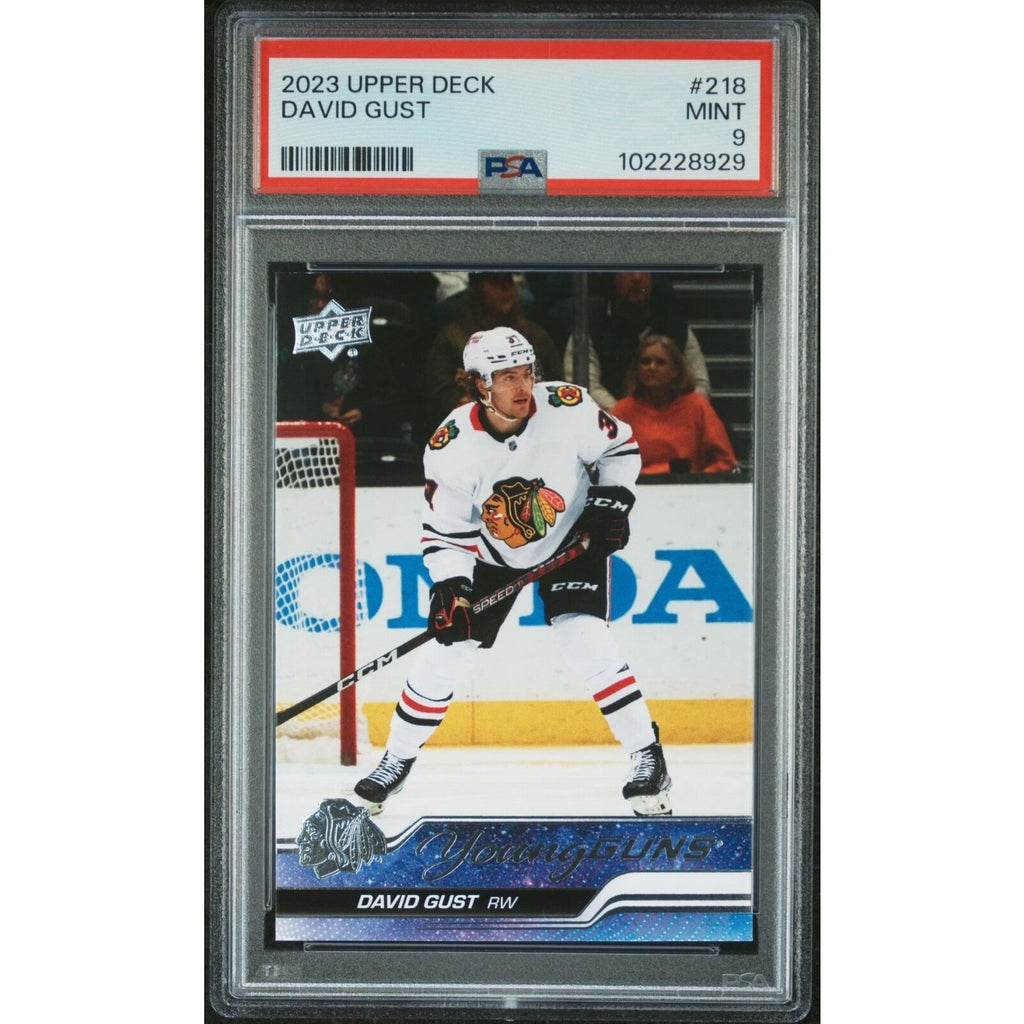 2023 Upper Deck Young Guns David Gust rookie card #218 PSA 9 front view Chicago Blackhawks