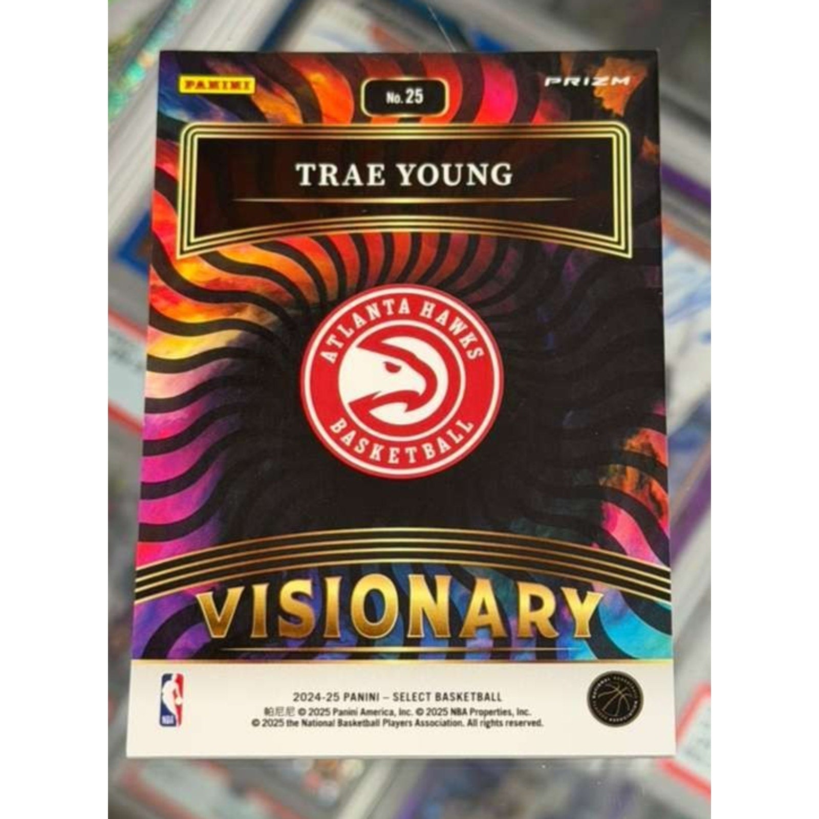 2024-25 Panini Select Visionary Trae Young #25 card back displaying player information and insert series details