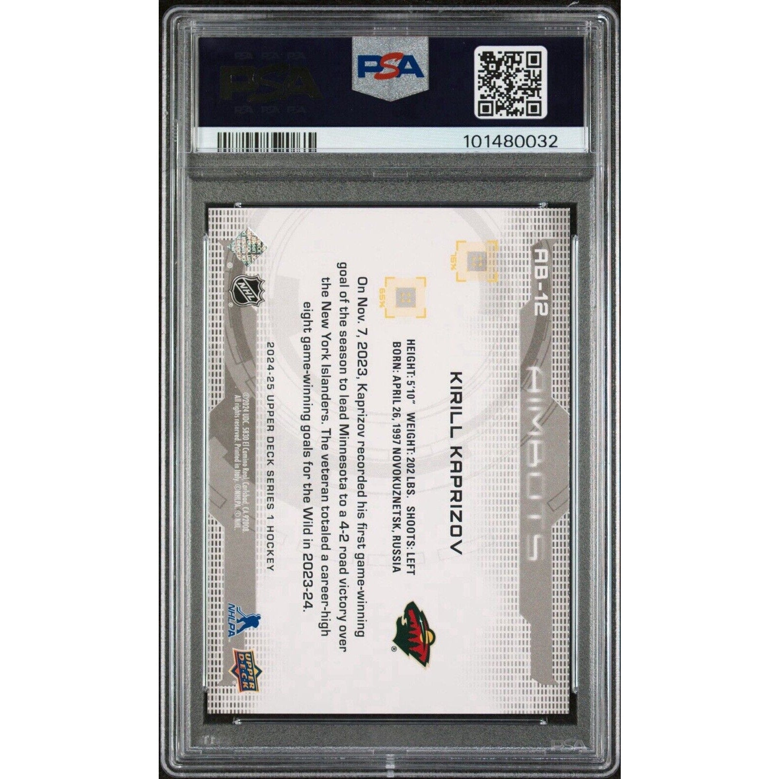 Back view of 2024-25 Upper Deck AimBots Kirill Kaprizov card