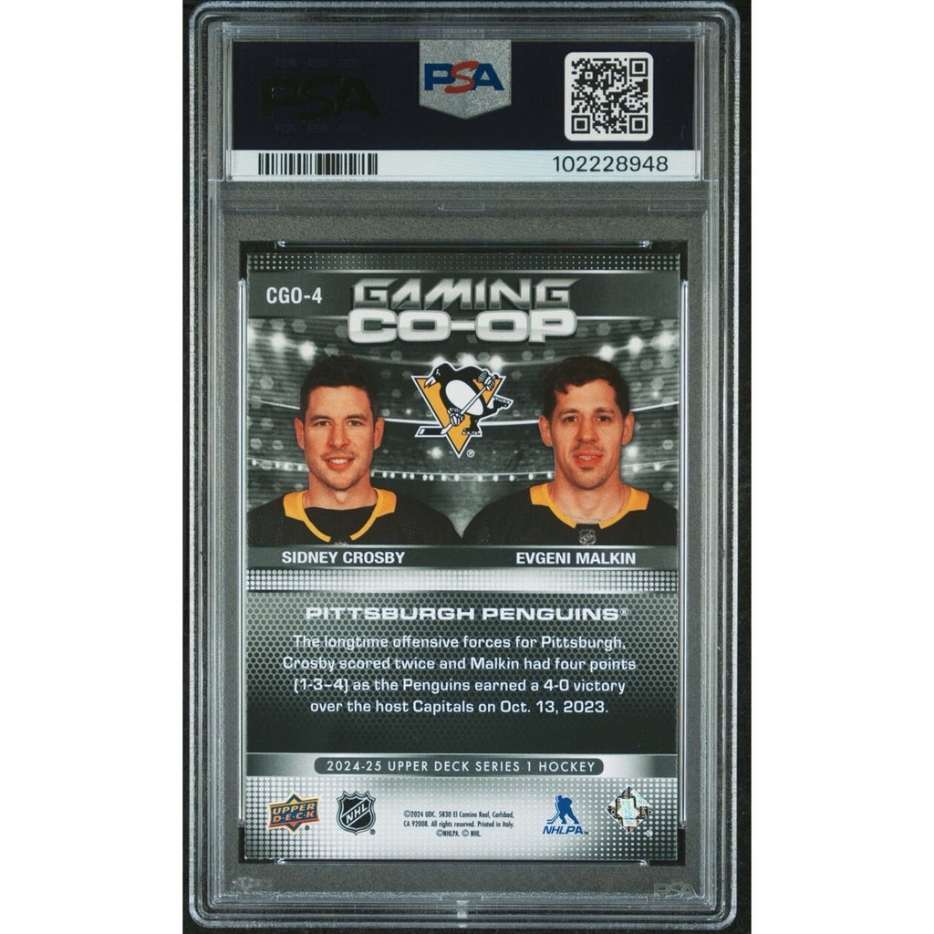 Back of 2024 Upper Deck Gaming Co-Op Crosby and Malkin NHL trading card PSA authenticated collectible