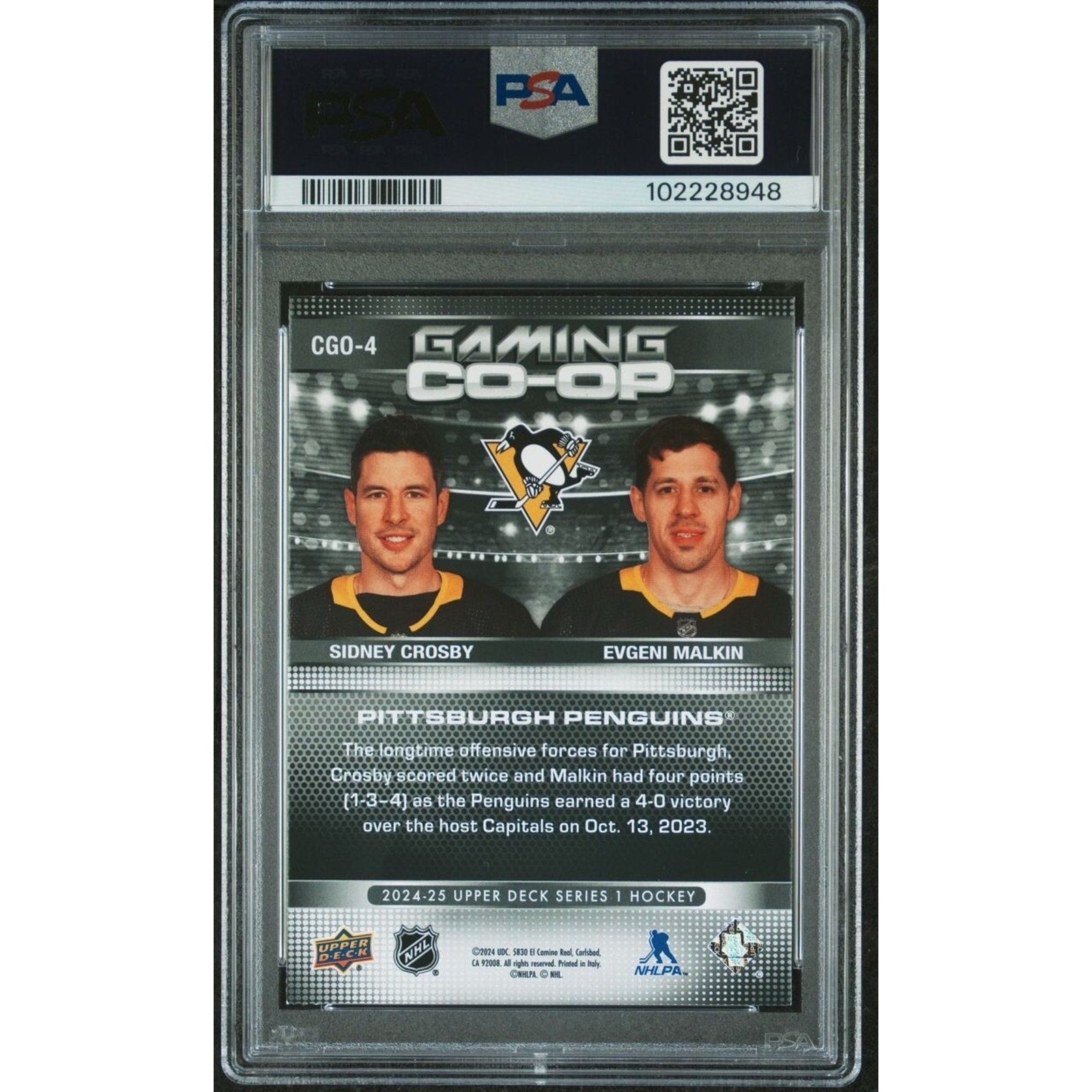 Back of 2024 Upper Deck Gaming Co-Op Crosby and Malkin NHL trading card PSA authenticated collectible