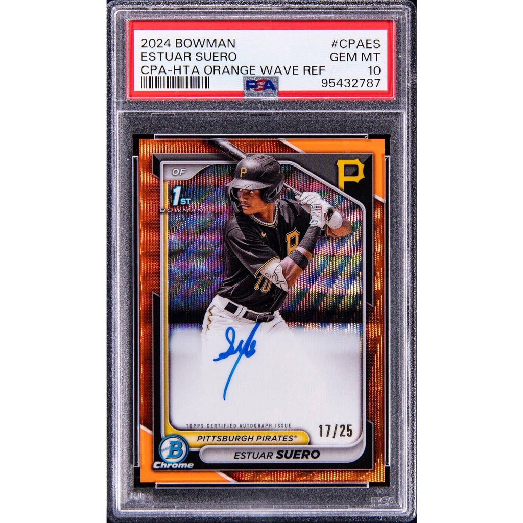 2024 Bowman Chrome Estuar Suero Orange Wave Refractor autograph PSA 10 card front view