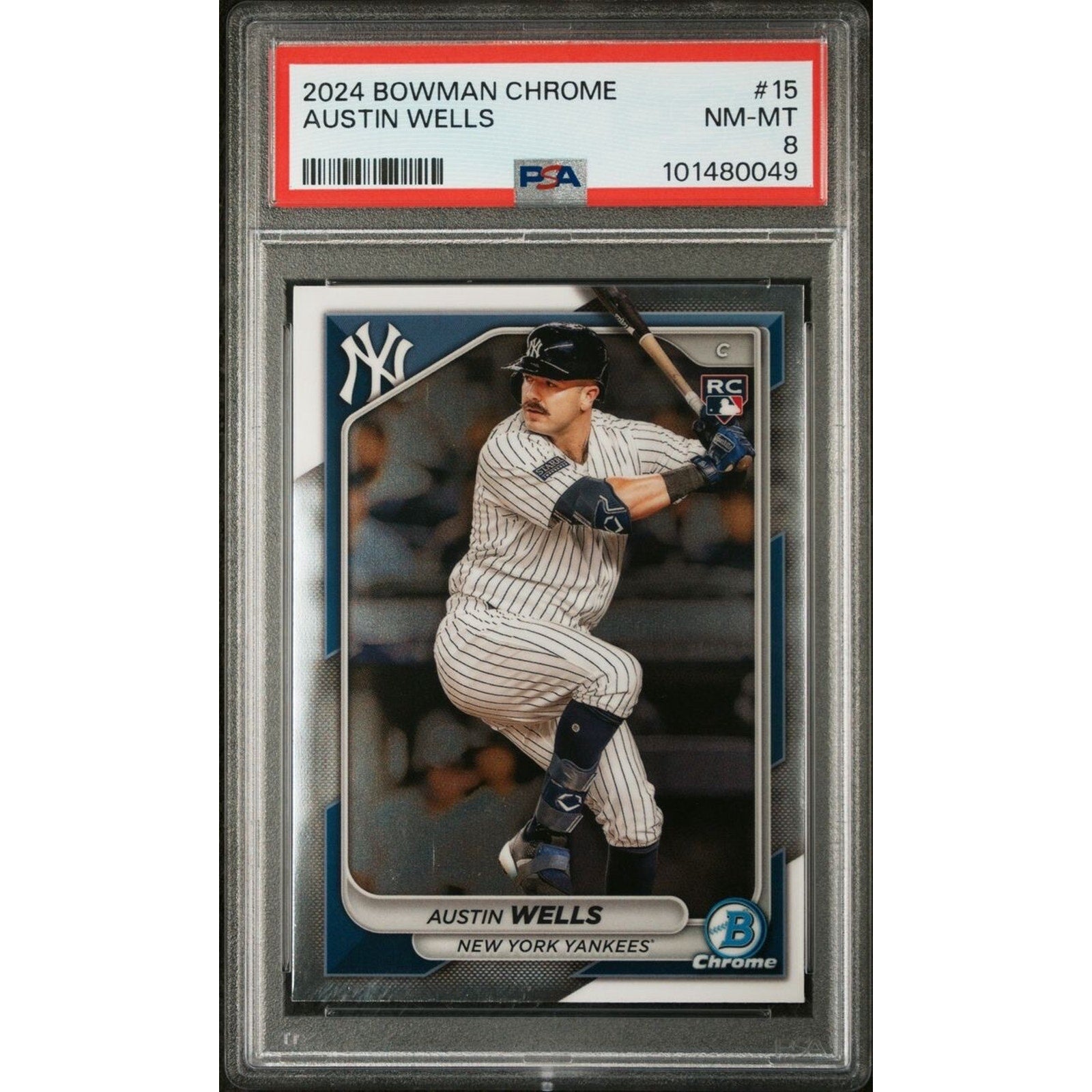 2024 Bowman Chrome Austin Wells rookie card #15 PSA graded New York Yankees catcher baseball card front view