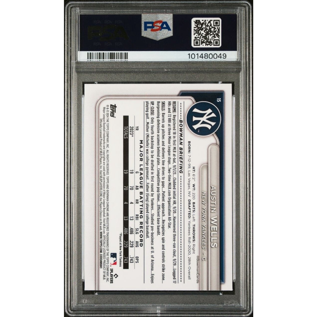 Back view of 2024 Bowman Chrome Austin Wells rookie baseball card PSA graded New York Yankees collectible