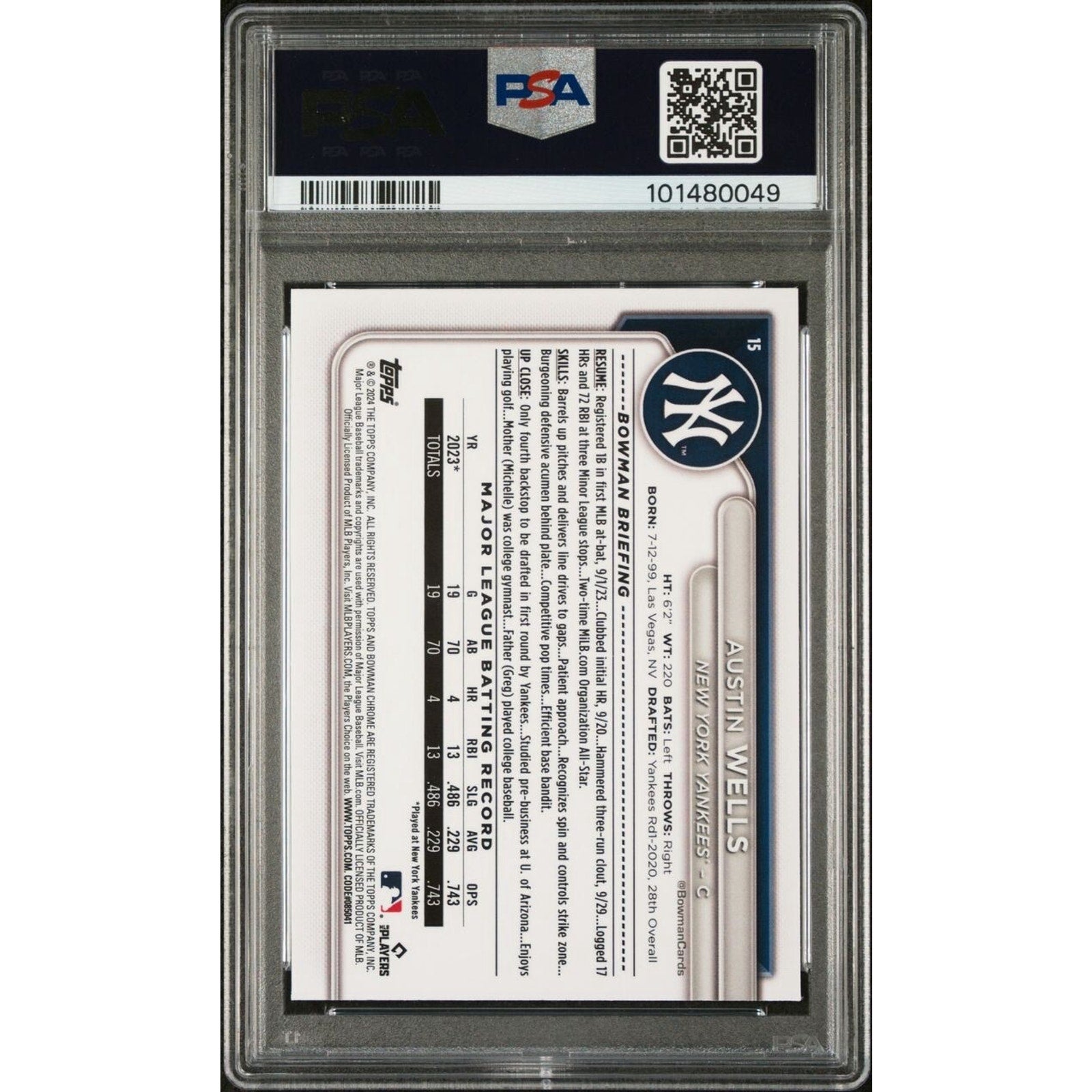 Back view of 2024 Bowman Chrome Austin Wells rookie baseball card PSA graded New York Yankees collectible