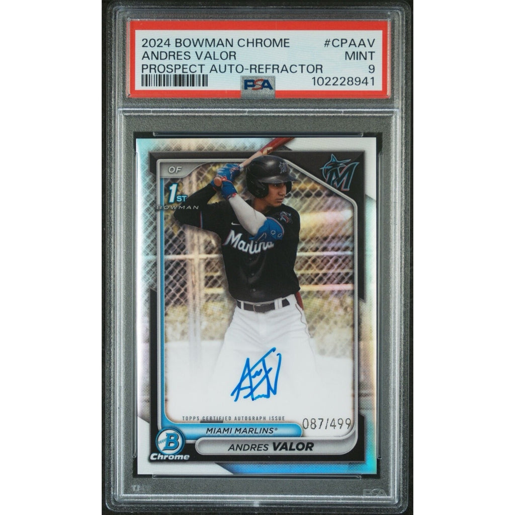2024 Bowman Chrome Andres Valor Refractor autograph rookie card #CPA-AV /499 PSA 9 Miami Marlins front view