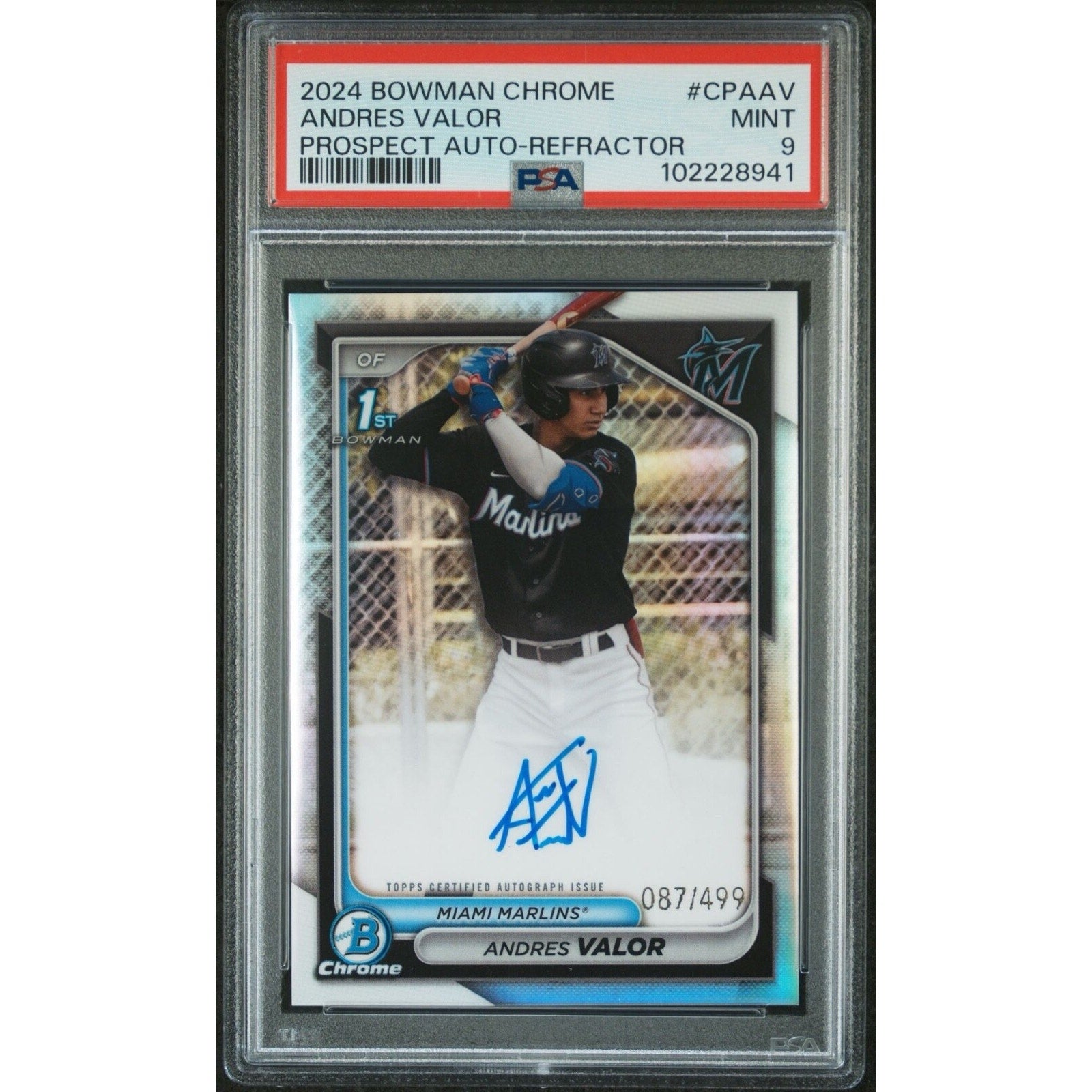 2024 Bowman Chrome Andres Valor Refractor autograph rookie card #CPA-AV /499 PSA 9 Miami Marlins front view