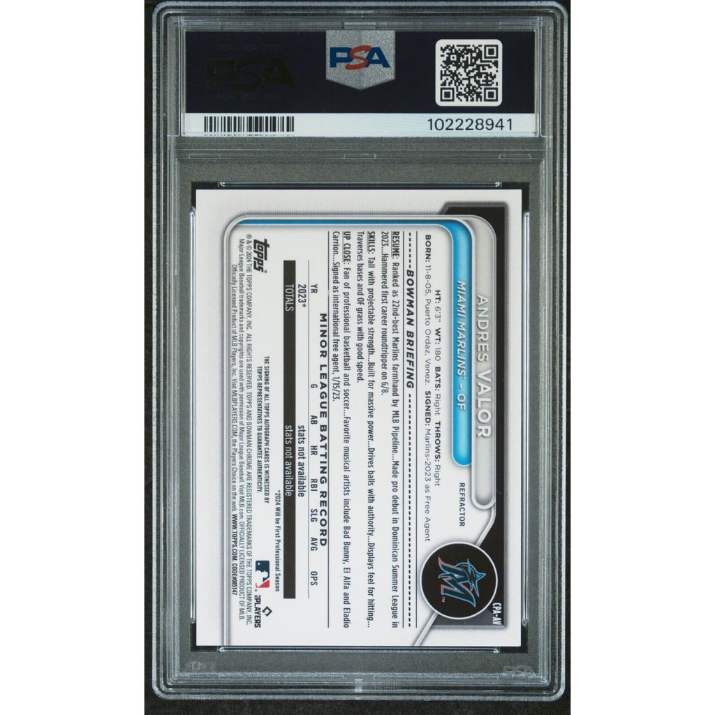 Back view of 2024 Bowman Chrome Andres Valor autograph refractor baseball card graded PSA 9 numbered to 499