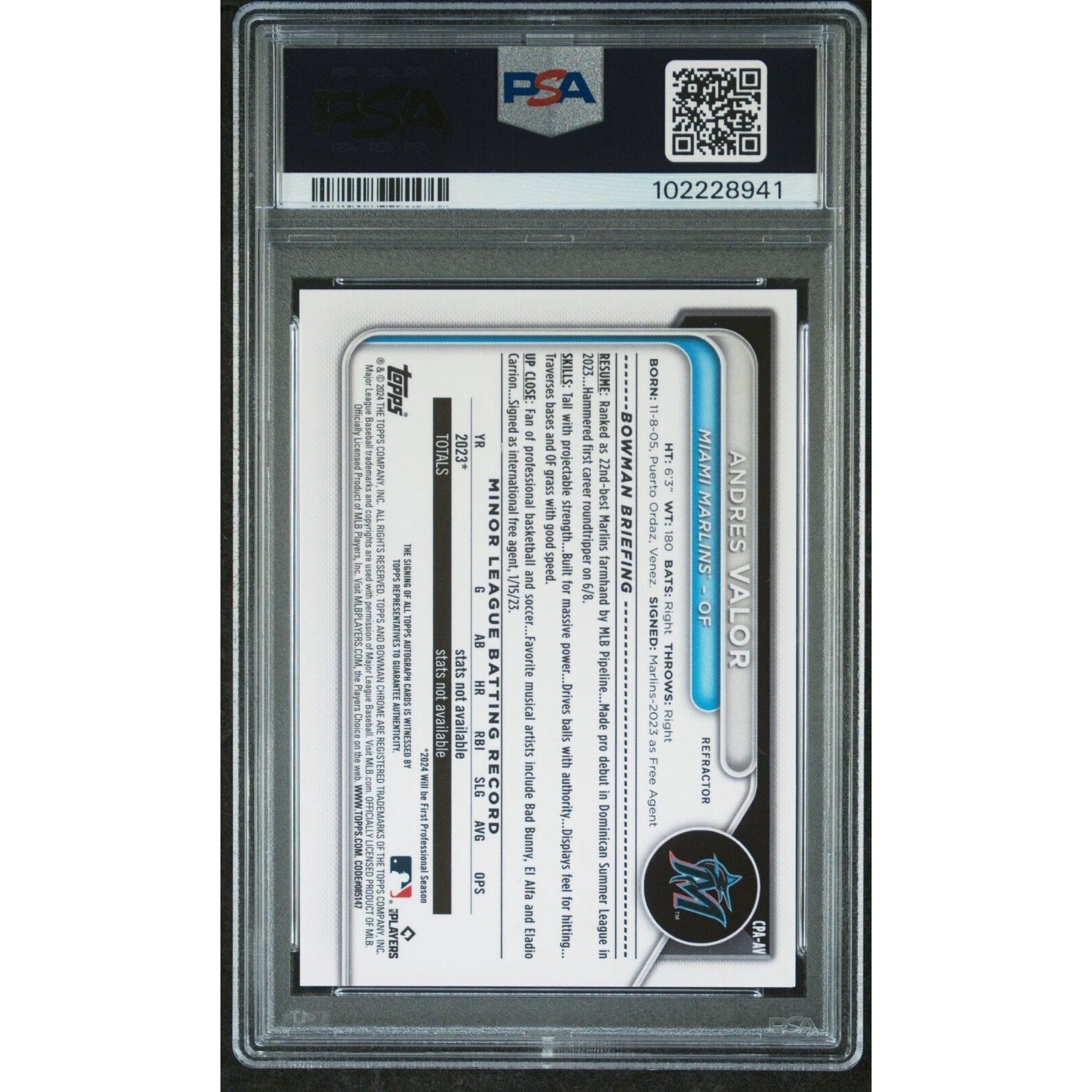 Back view of 2024 Bowman Chrome Andres Valor autograph refractor baseball card graded PSA 9 numbered to 499