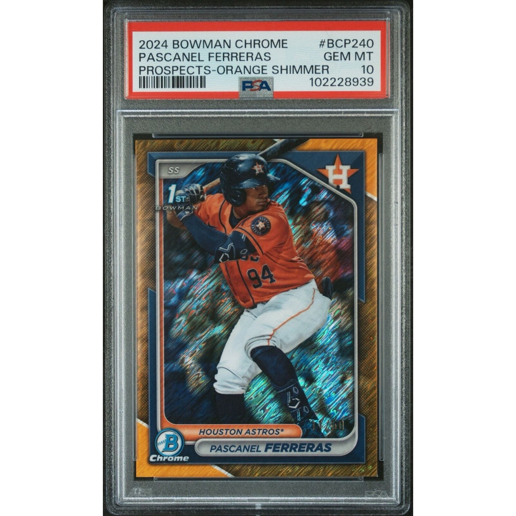 2024 Bowman Chrome Prospects Pascanel Ferreras Orange Shimmer Refractor #BCP-240 /50 PSA 10 Houston Astros baseball card front view