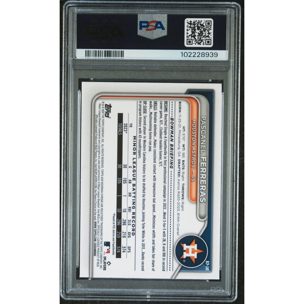 Back view of 2024 Bowman Chrome Pascanel Ferreras Orange Shimmer baseball card graded PSA 10 numbered to 50