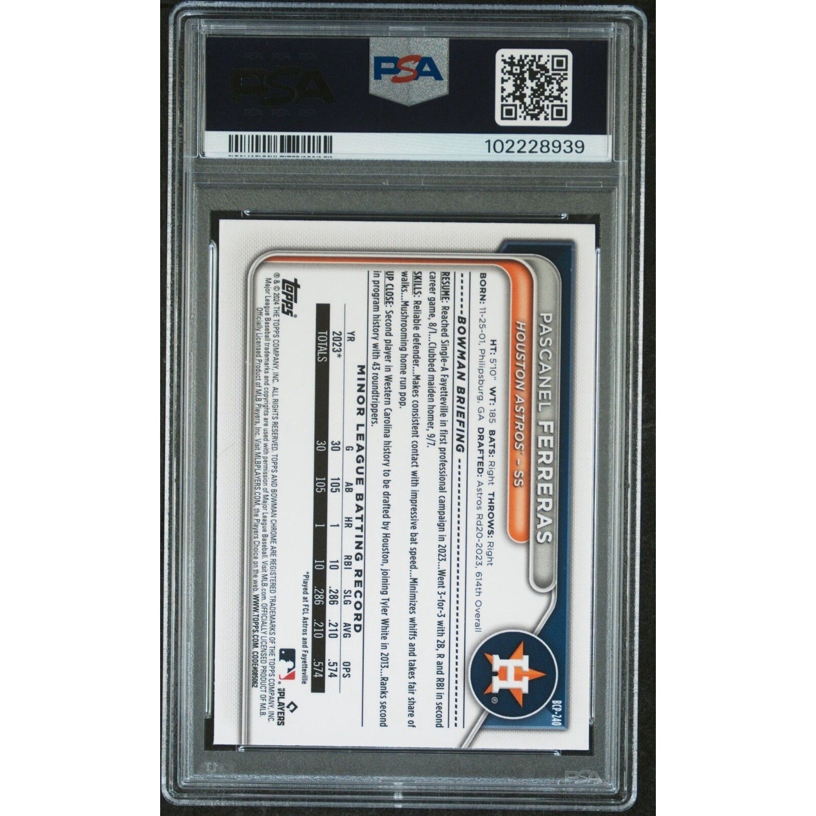 Back view of 2024 Bowman Chrome Pascanel Ferreras Orange Shimmer baseball card graded PSA 10 numbered to 50