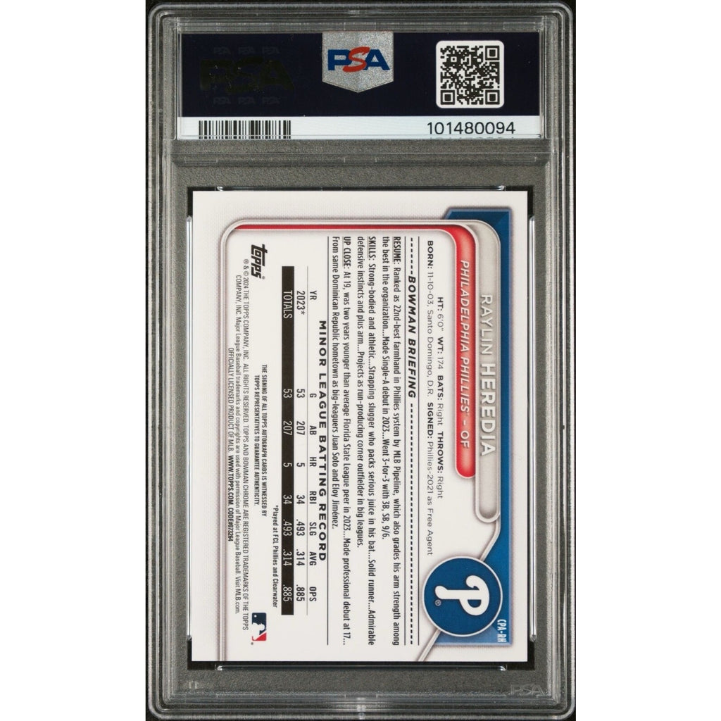 Back view of 2024 Bowman Chrome Raylin Heredia Prospect Auto rookie card #CPARH PSA 9
