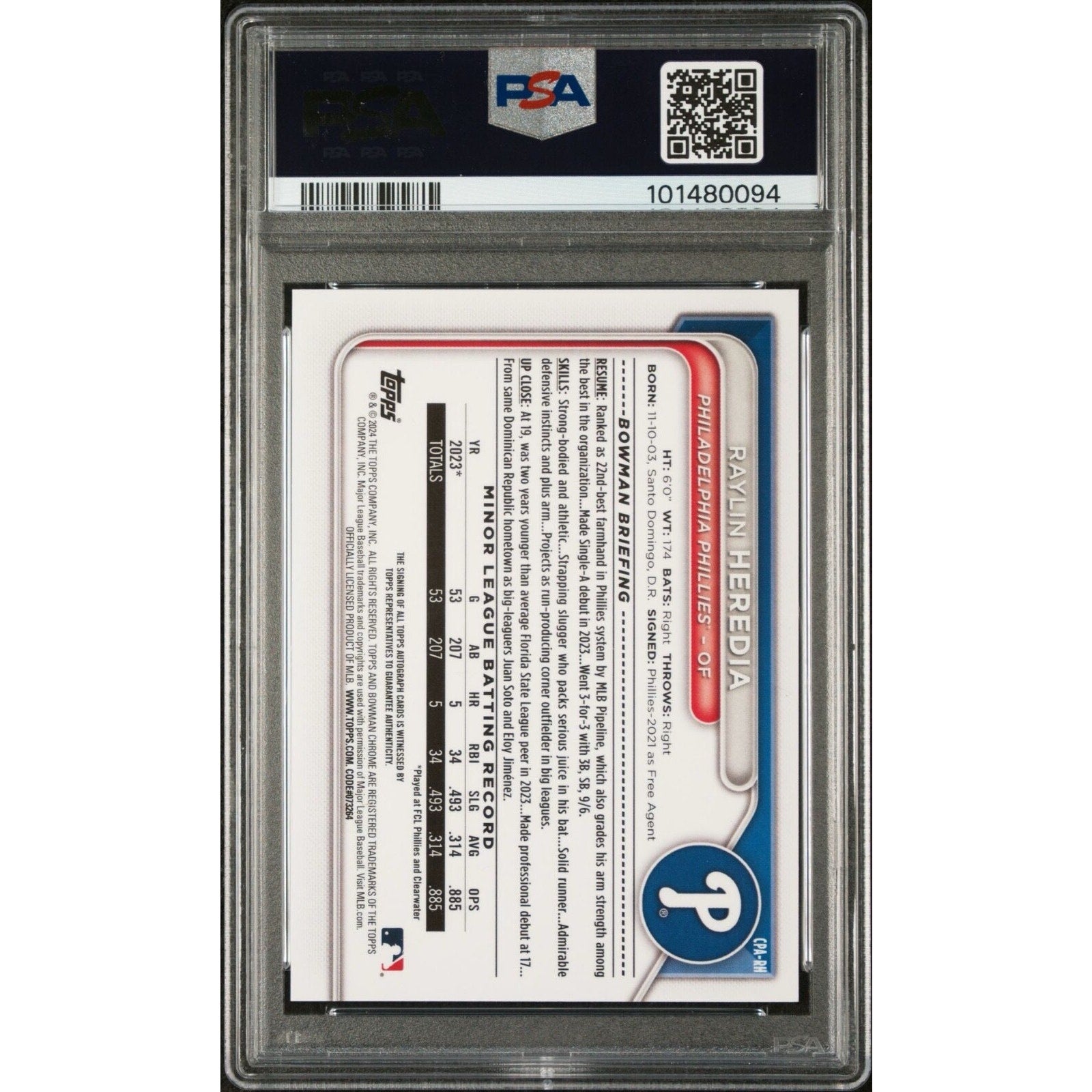 Back view of 2024 Bowman Chrome Raylin Heredia Prospect Auto rookie card #CPARH PSA 9