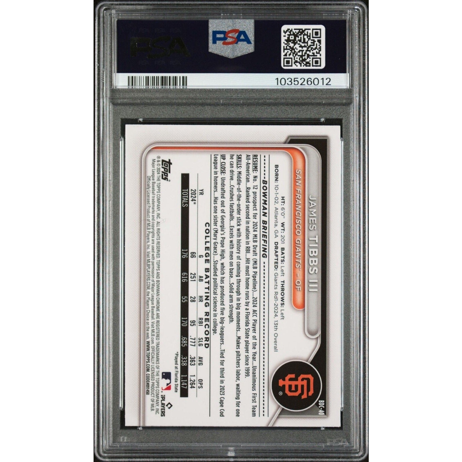 Back of 2024 Bowman Draft James Tibbs III Sky Blue Refractor PSA 9 card slab