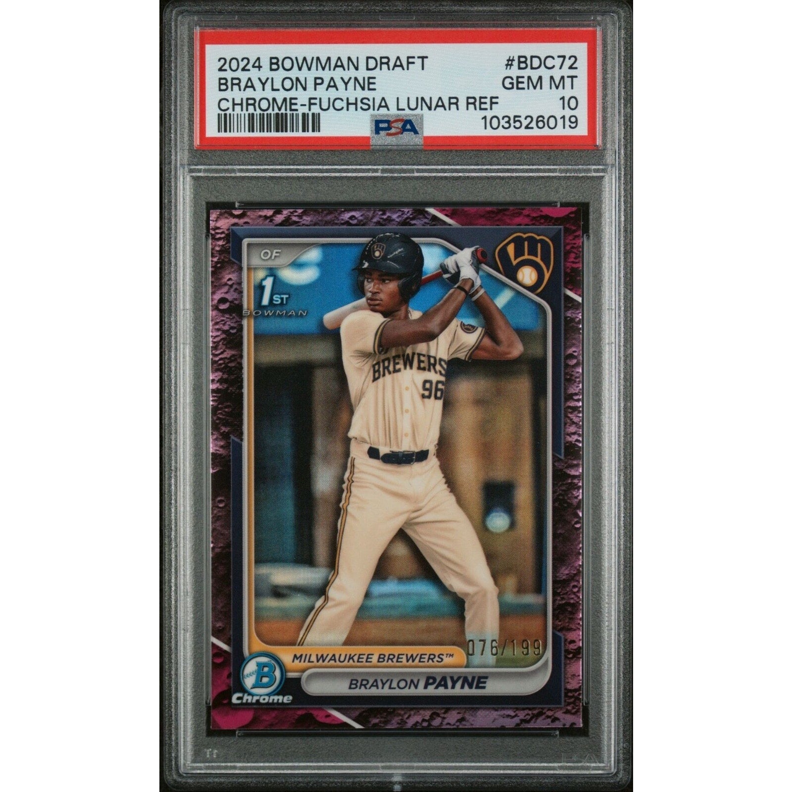 2024 Bowman Draft Braylon Payne Fuchsia Lunar Refractor PSA 10 Milwaukee Brewers card