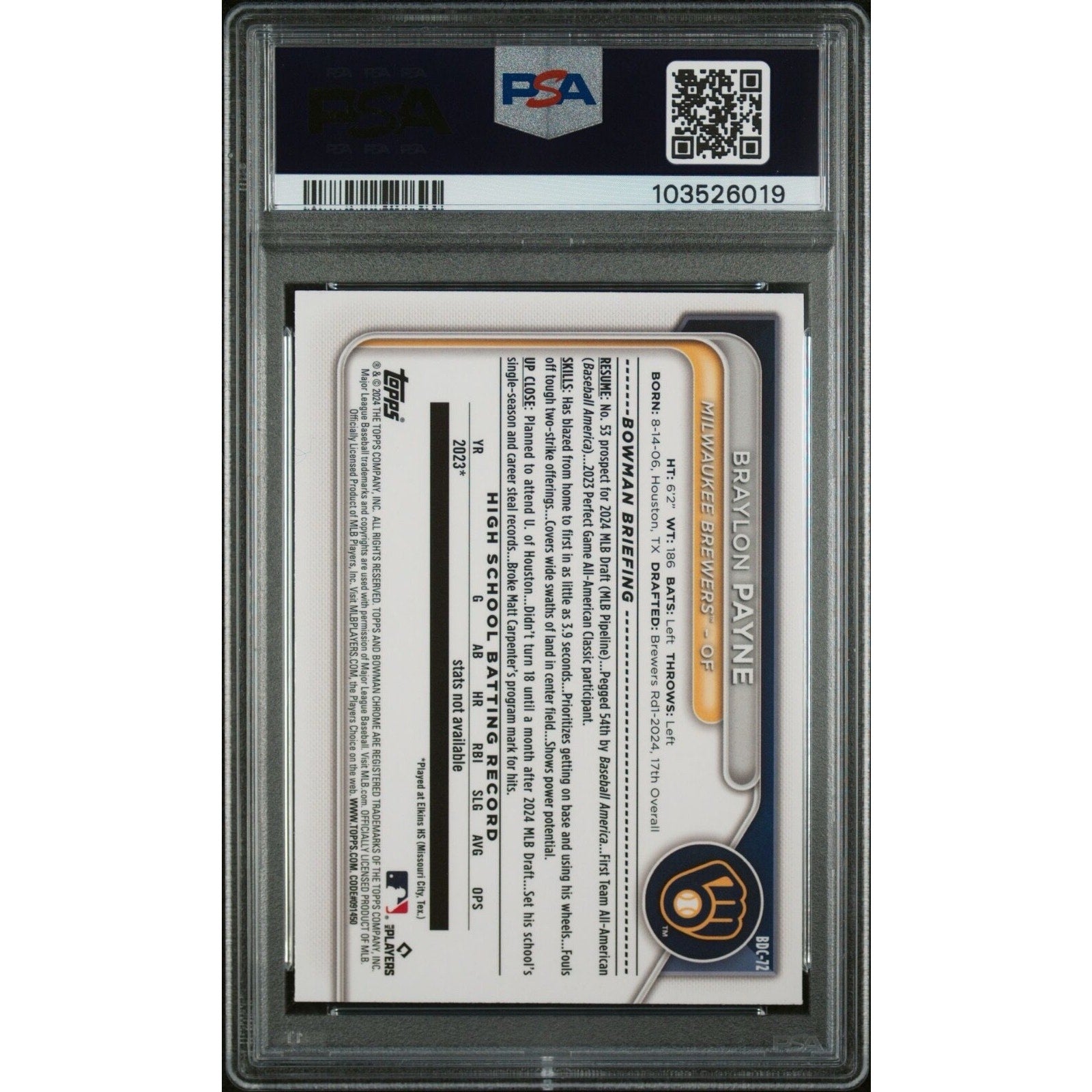 Back of 2024 Bowman Draft Braylon Payne Fuchsia Lunar Refractor PSA 10 card slab