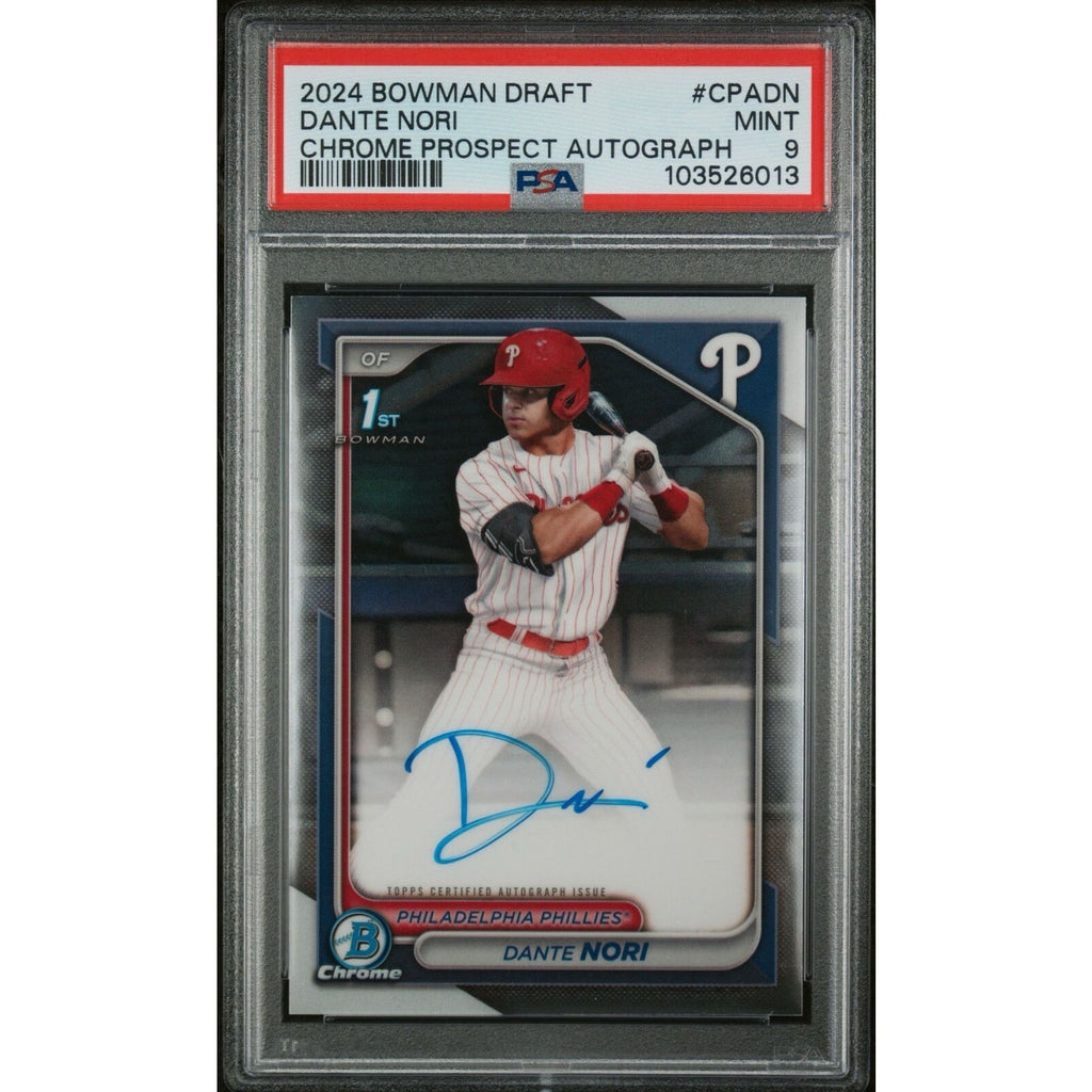 2024 Bowman Draft Dante Nori Chrome Prospect Autograph PSA 9 Philadelphia Phillies card