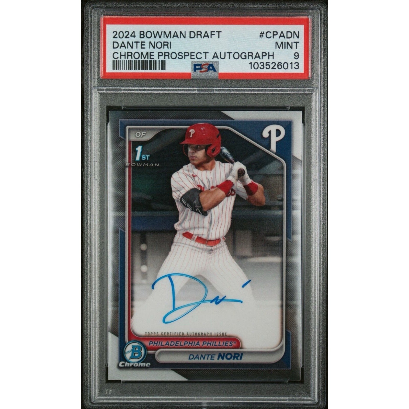 2024 Bowman Draft Dante Nori Chrome Prospect Autograph PSA 9 Philadelphia Phillies card