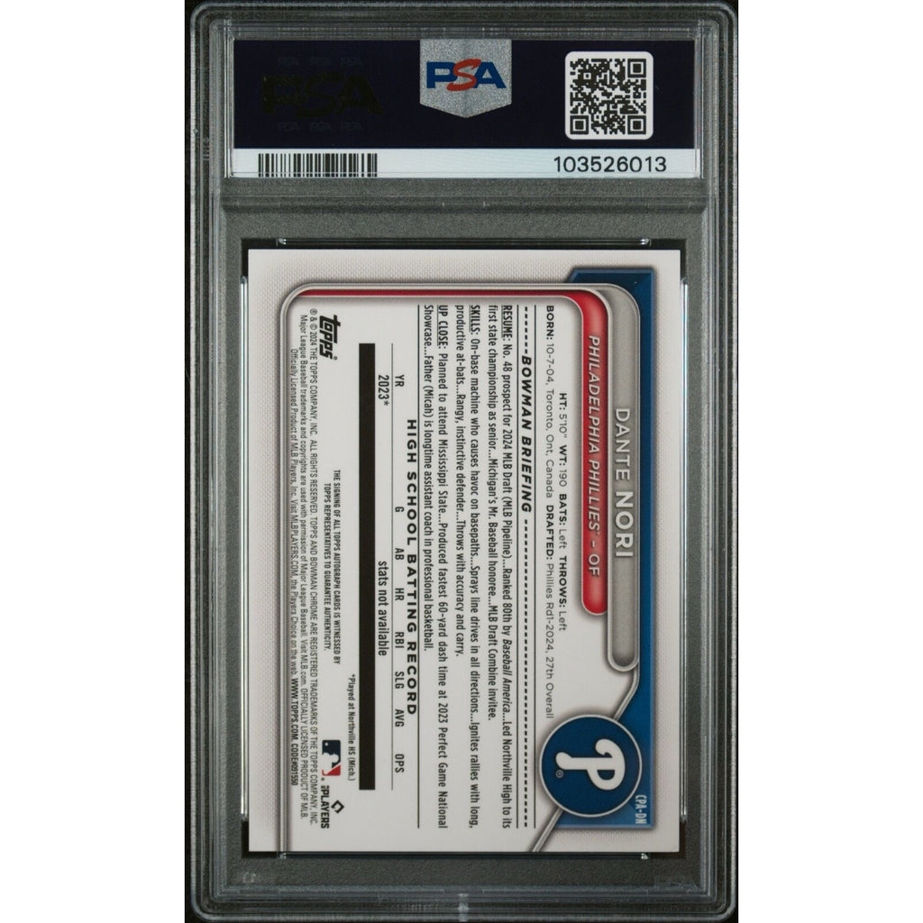 Back of 2024 Bowman Draft Dante Nori Chrome Prospect Auto PSA 9 trading card slab