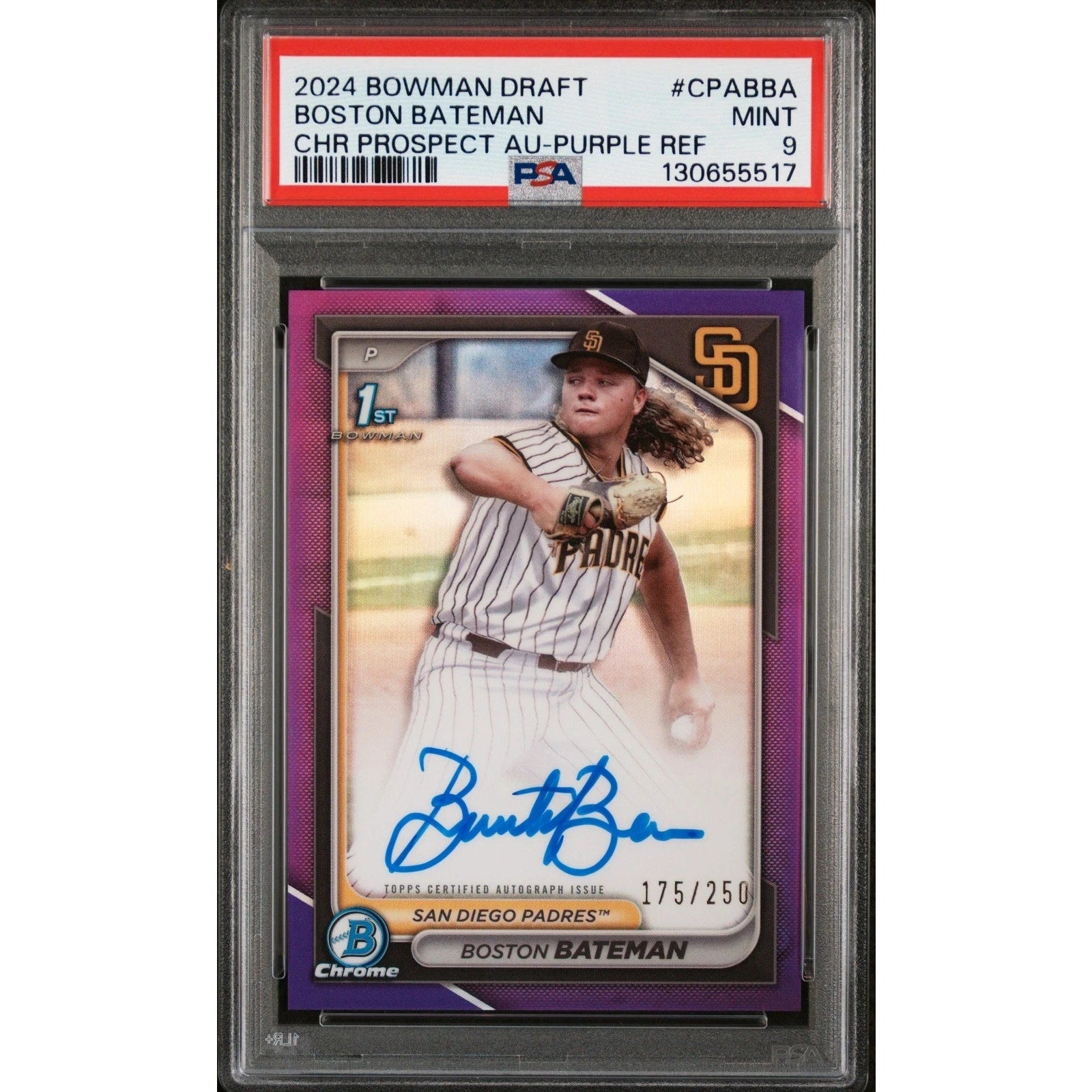 Front view of a 2024 Bowman Draft Chrome Prospect Autographs Boston Bateman Purple Refractor rookie card numbered 175/250, featuring an autograph and PSA 9 grade