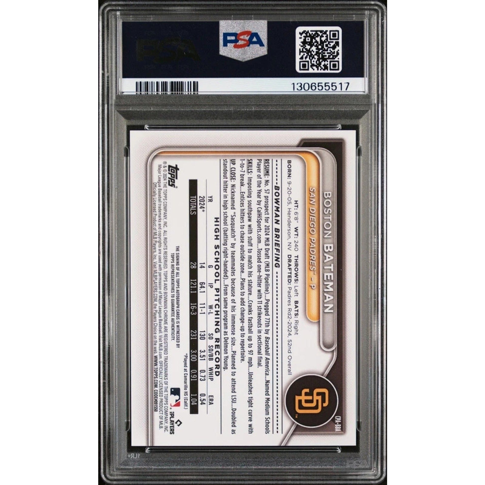 Back view of the 2024 Bowman Draft Chrome Prospect Auto Boston Bateman Purple Refractor card inside PSA slab showing player information, serial numbering, and PSA certification details