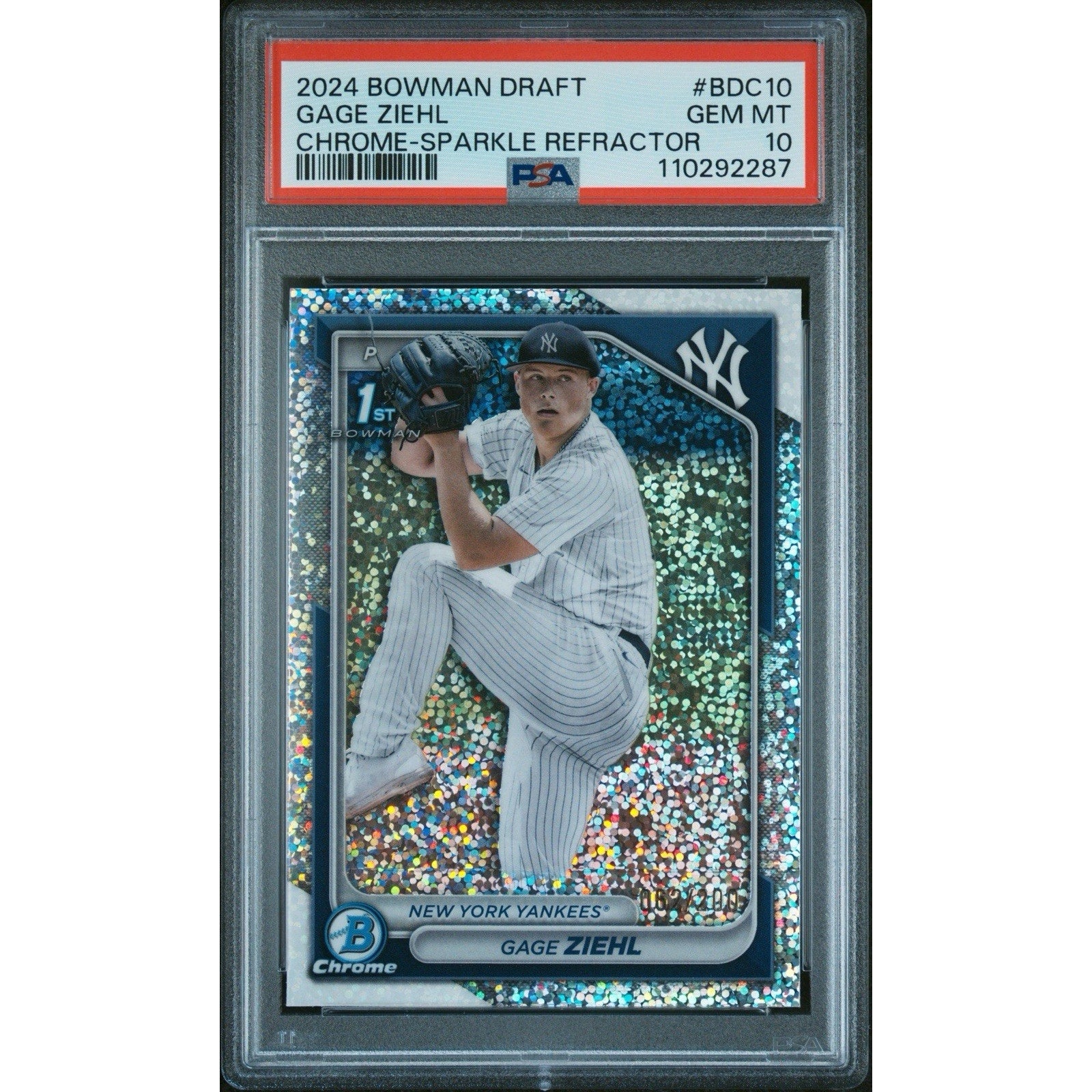 2024 Bowman Draft Gage Ziehl Sparkle Refractor PSA 10 Yankees card front