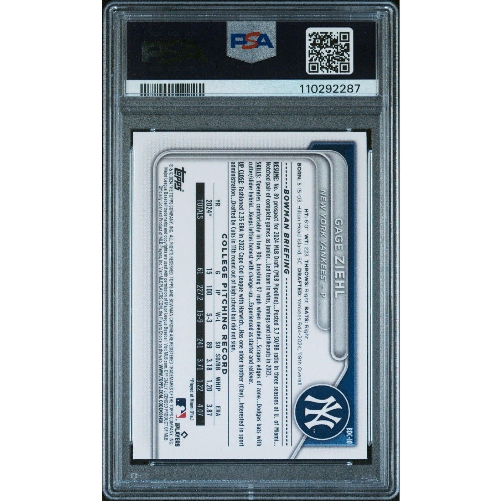 Back of 2024 Bowman Draft Gage Ziehl Sparkle Refractor PSA 10 card