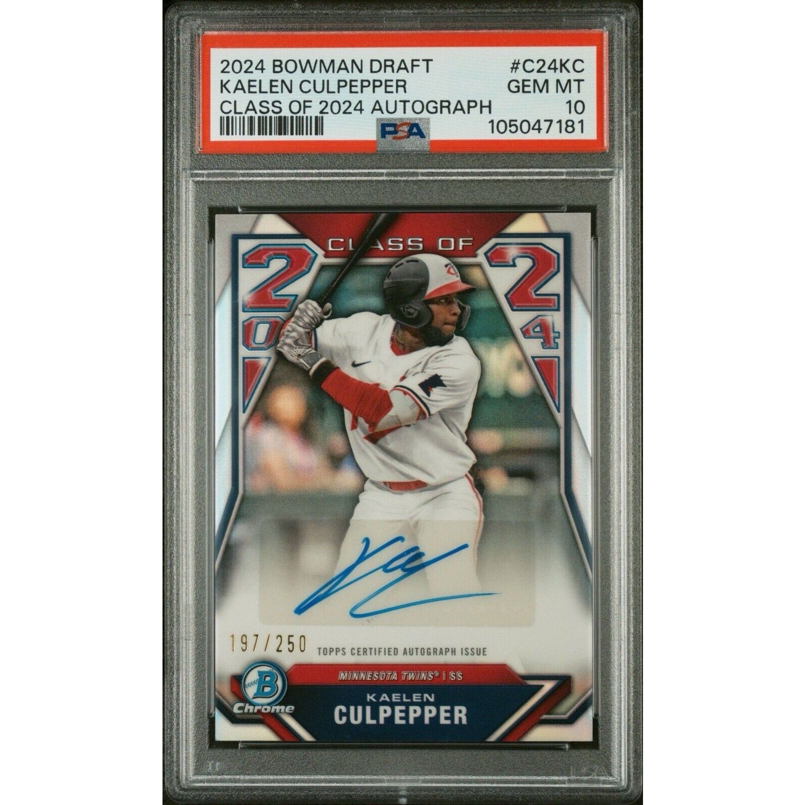 2024 Bowman Draft Class of 2024 Kaelen Culpepper autograph card #C24-KC /250 PSA 10 Minnesota Twins front view