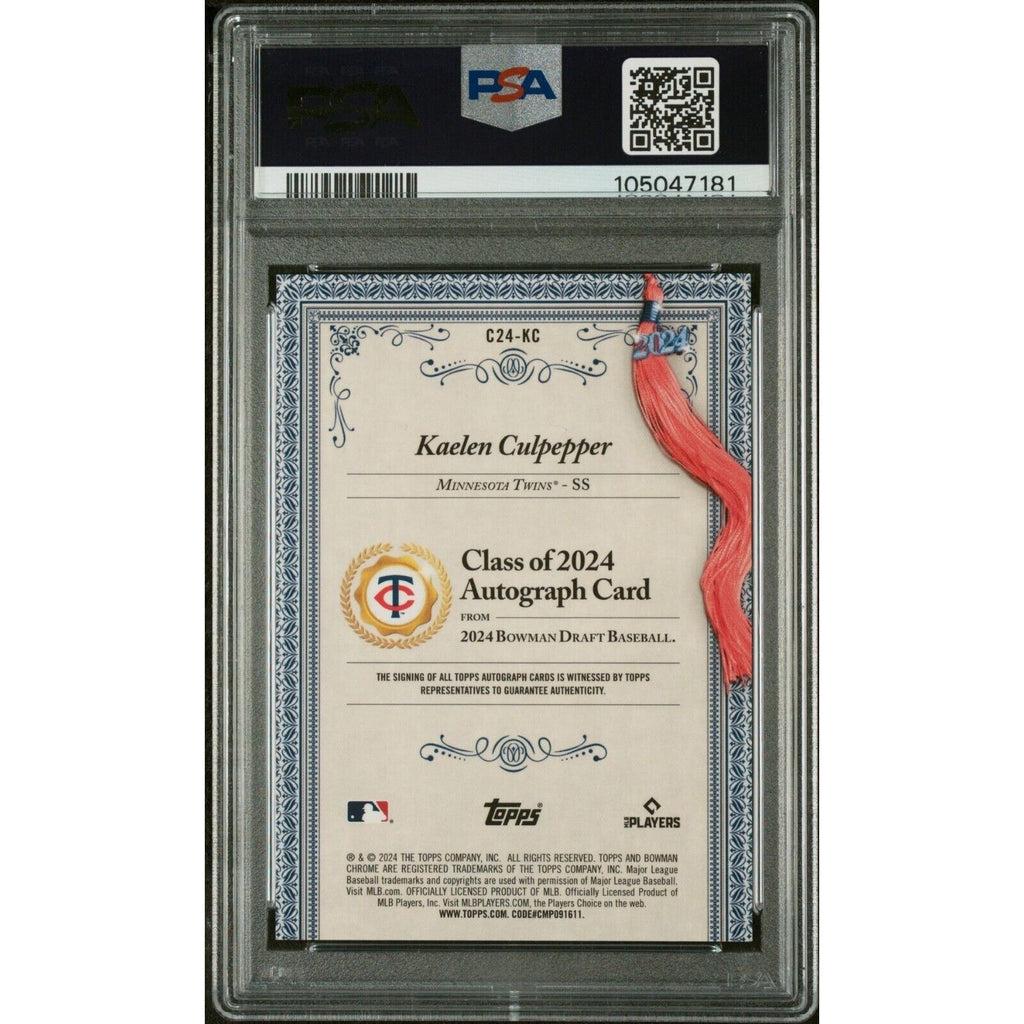 Back view of 2024 Bowman Draft Kaelen Culpepper Class of 2024 autograph baseball card graded PSA 10 numbered to 250