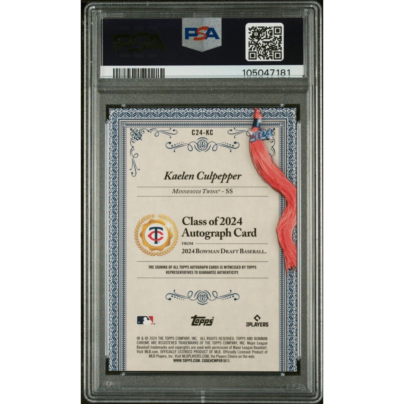 Back view of 2024 Bowman Draft Kaelen Culpepper Class of 2024 autograph baseball card graded PSA 10 numbered to 250