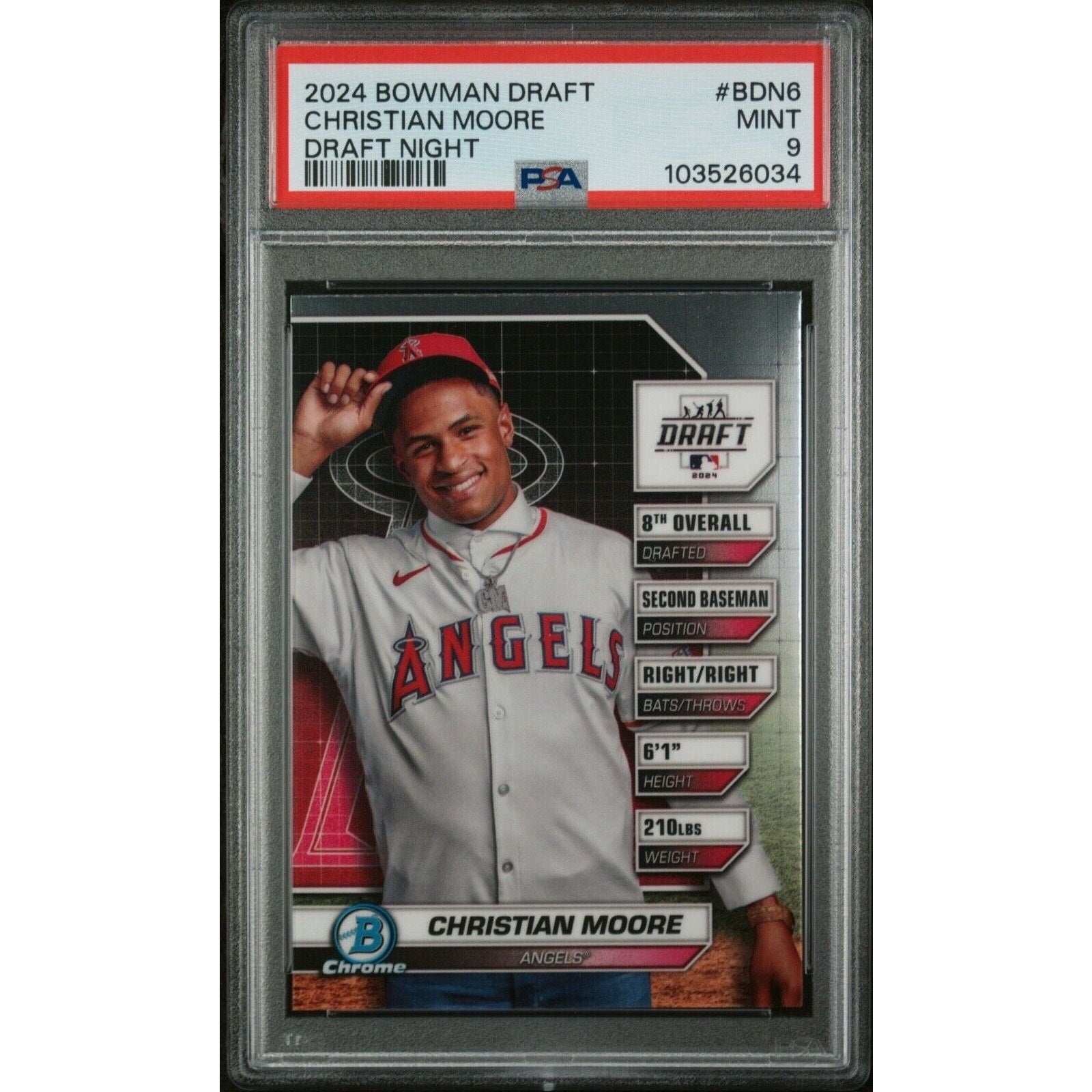 2024 Bowman Draft Draft Night Christian Moore PSA 9 Los Angeles Angels rookie card