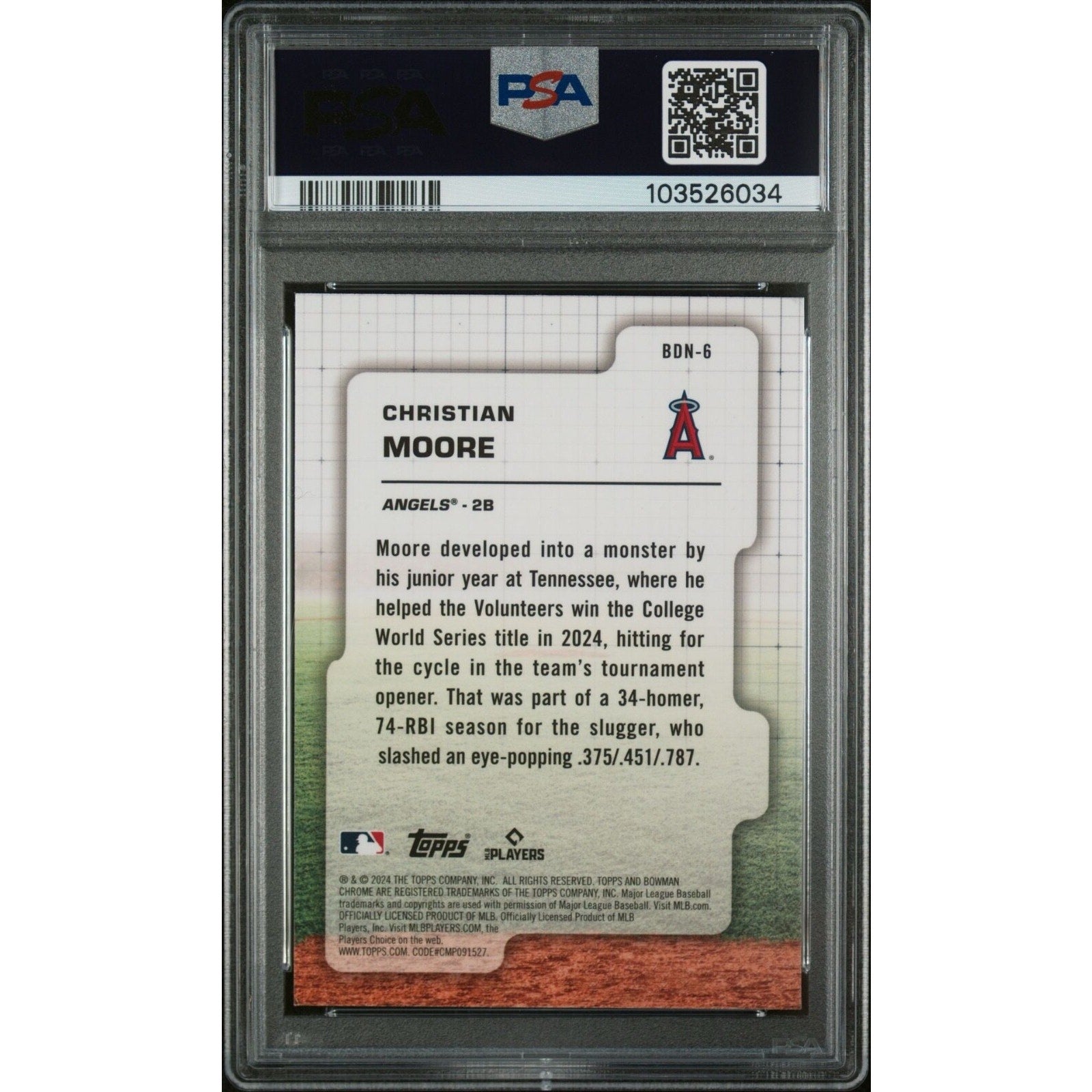 Back of 2024 Bowman Draft Draft Night Christian Moore PSA 9 trading card slab