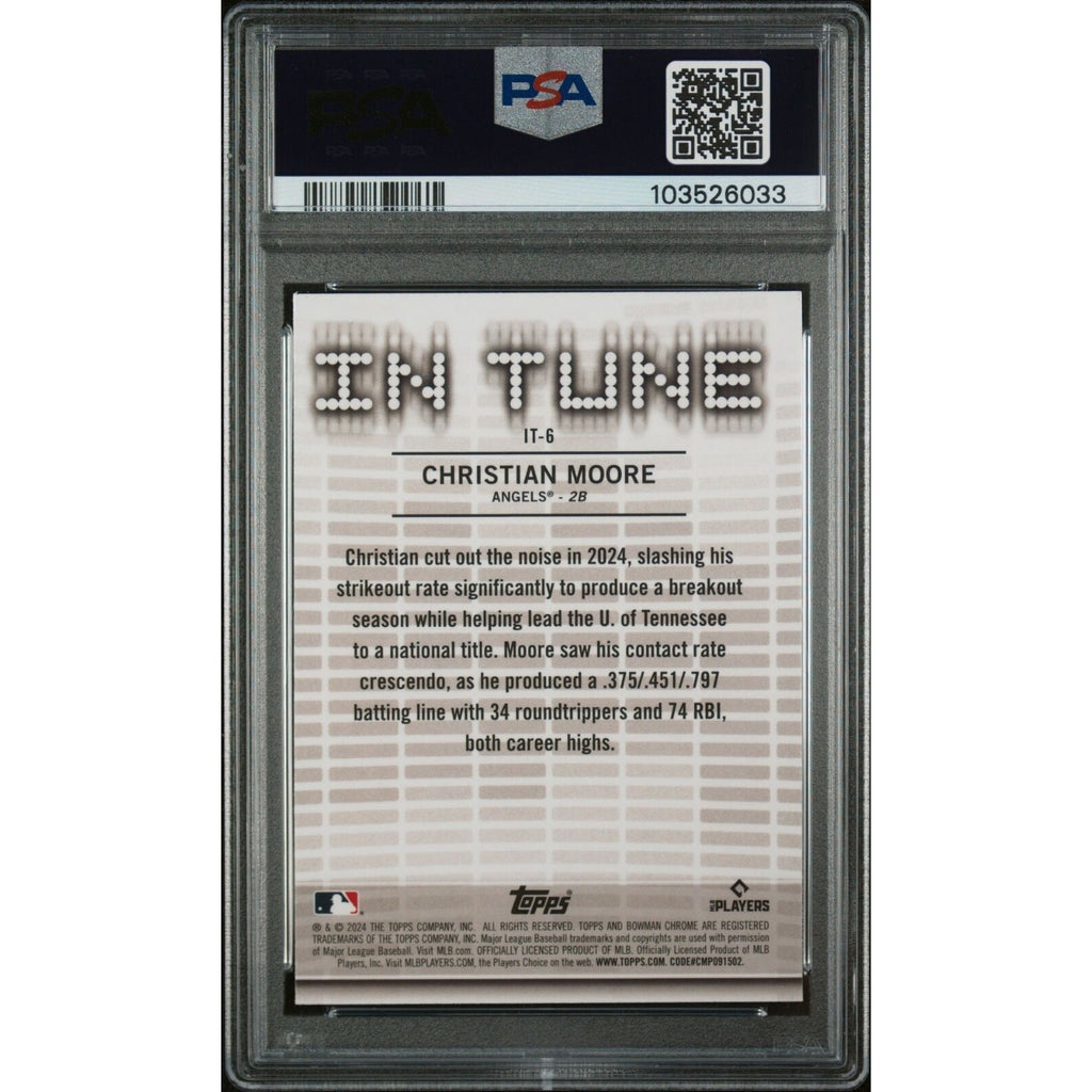 Back of 2024 Bowman Draft In Tune Christian Moore PSA 9 trading card slab