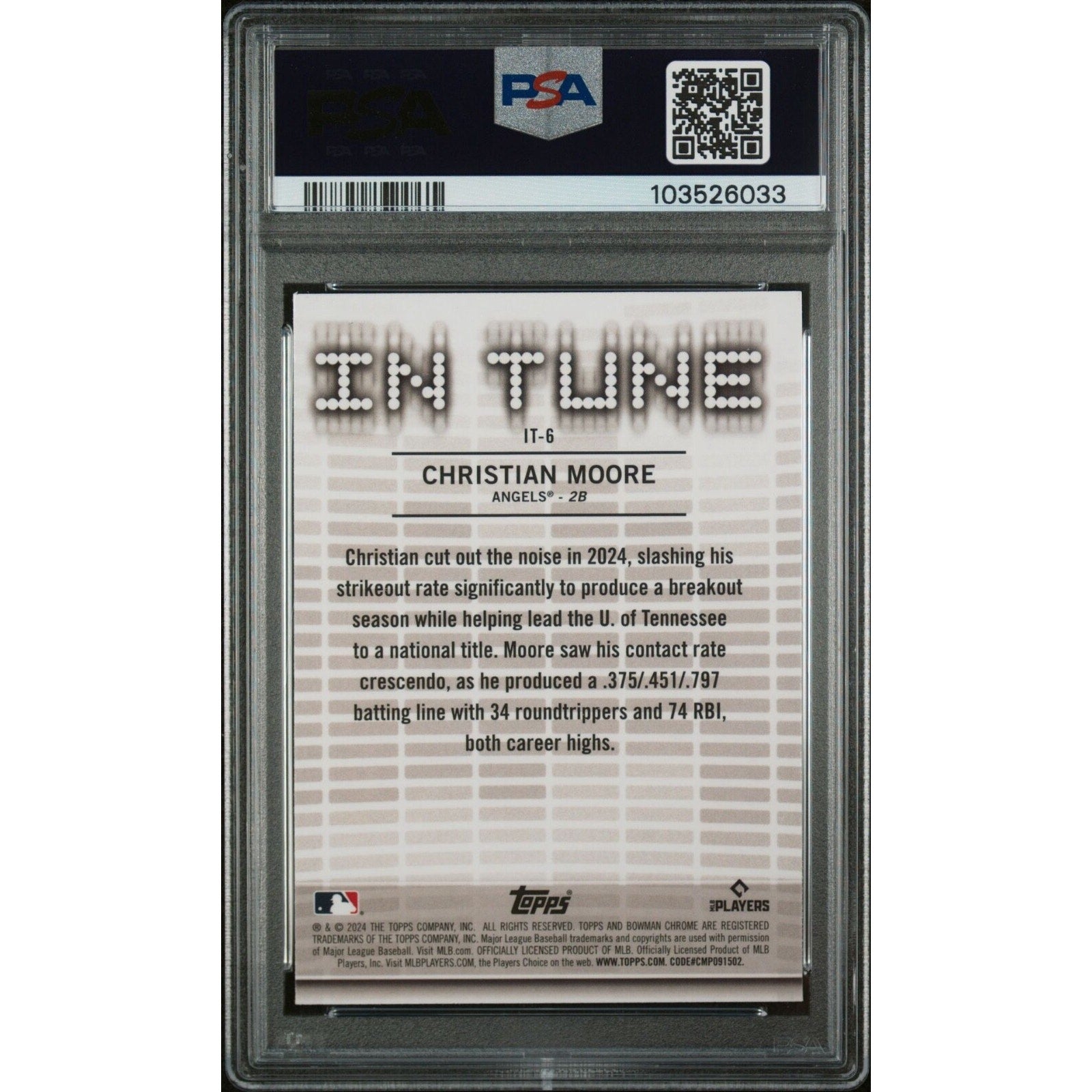 Back of 2024 Bowman Draft In Tune Christian Moore PSA 9 trading card slab