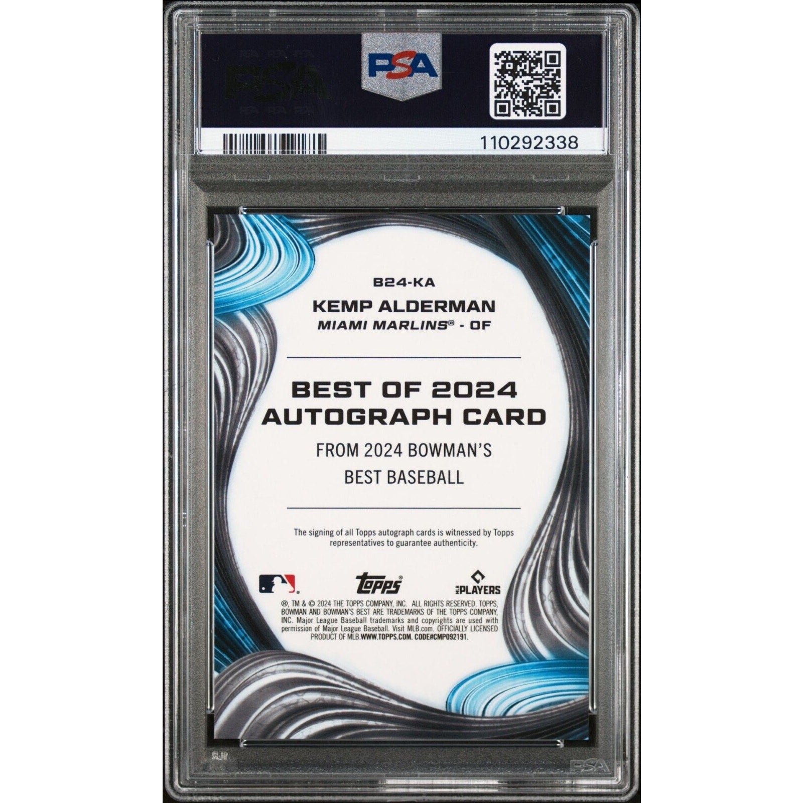Back of 2024 Bowman’s Best Kemp Alderman Best of 2024 autograph PSA 10 card