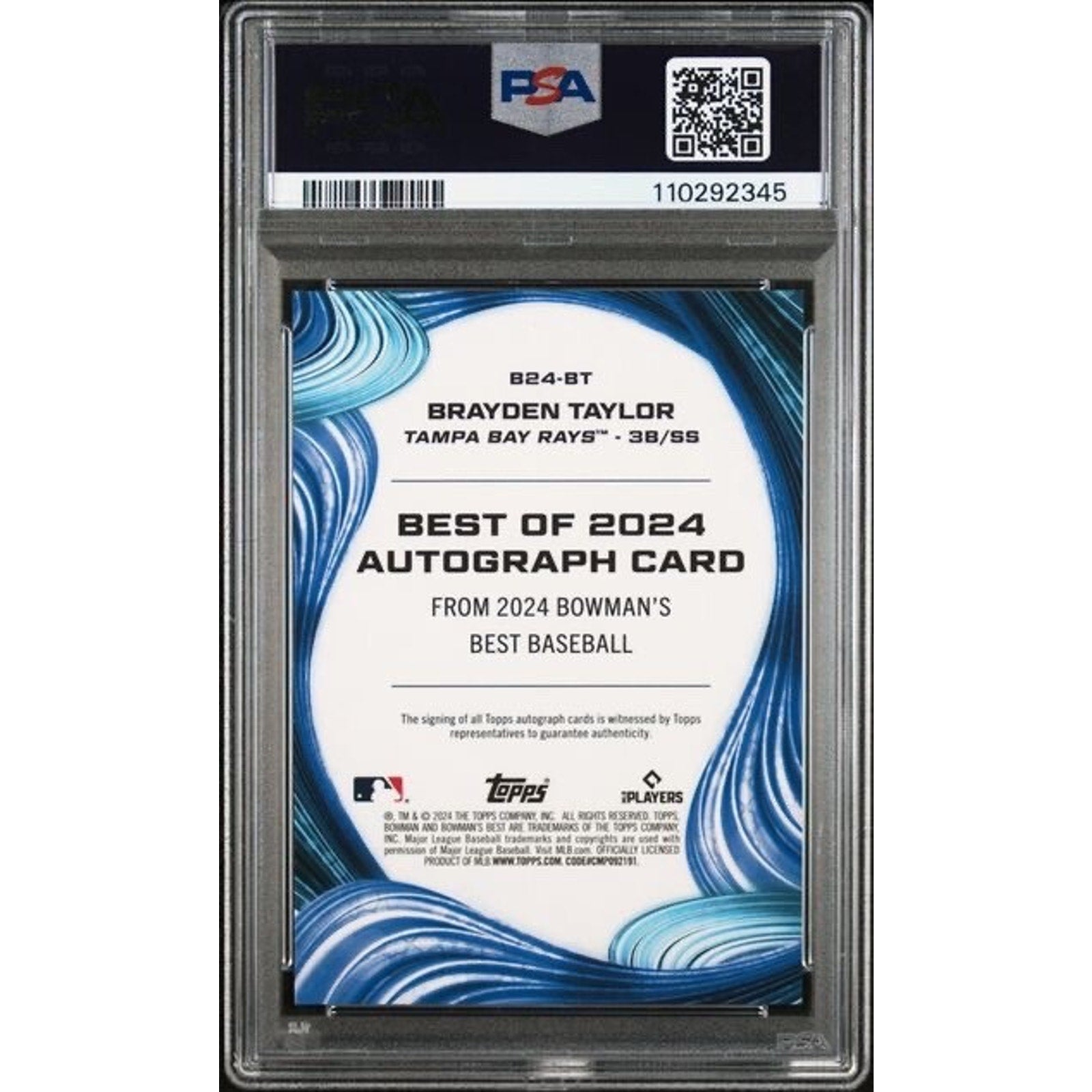 Back of 2024 Bowman’s Best Brayden Taylor rookie autograph PSA 10 card