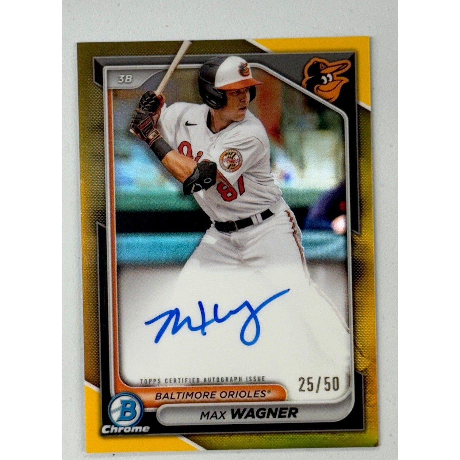 2024 Bowman Chrome Max Wagner Gold Refractor autograph rookie card for Baltimore Orioles