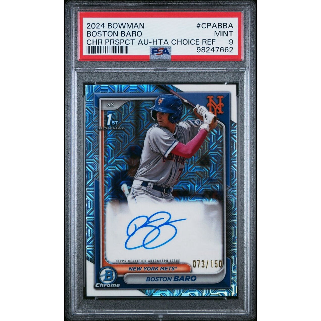 2024 Bowman Chrome Boston Baro HTA Choice refractor autograph card numbered to 150 PSA 9 Mets prospect