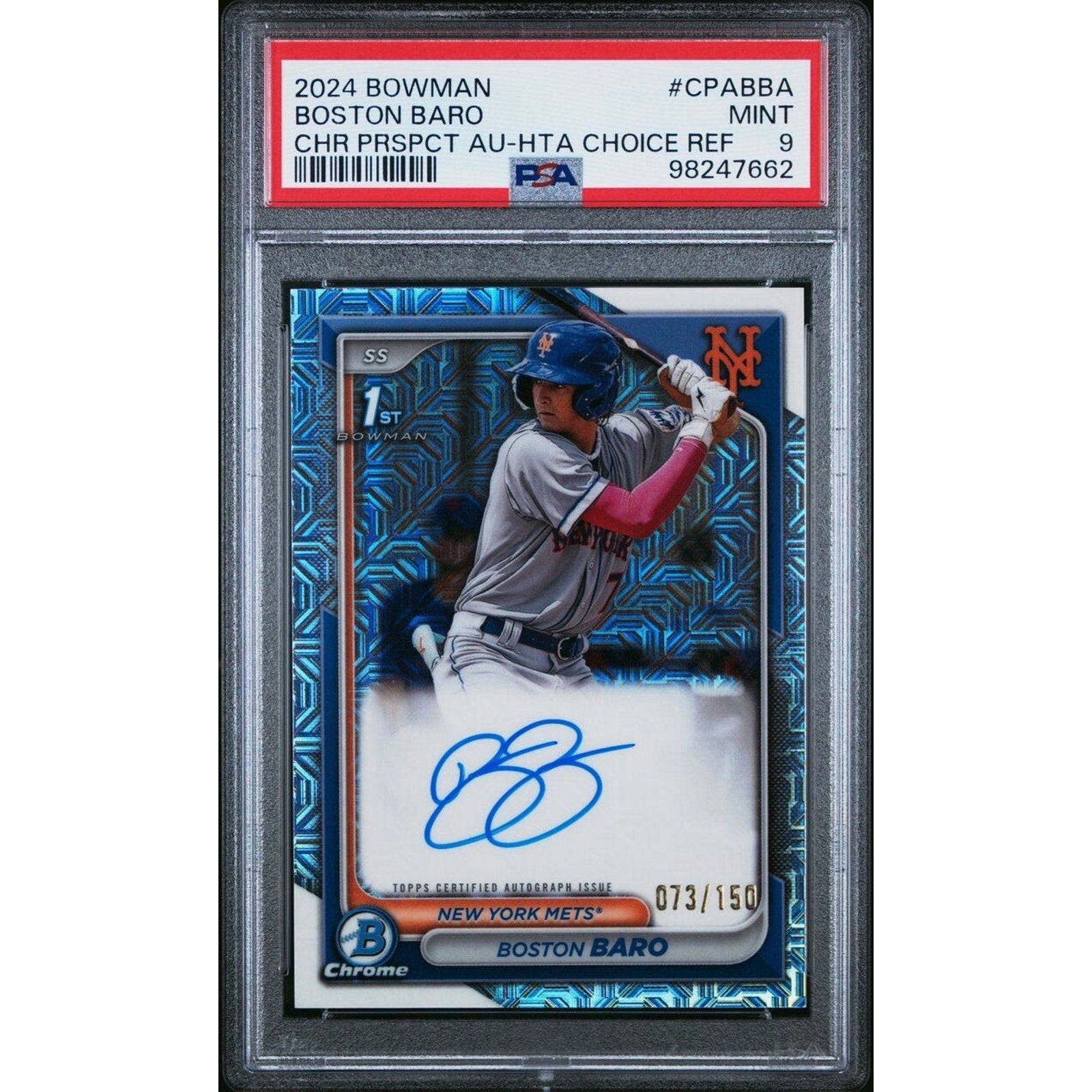 2024 Bowman Chrome Boston Baro HTA Choice refractor autograph card numbered to 150 PSA 9 Mets prospect