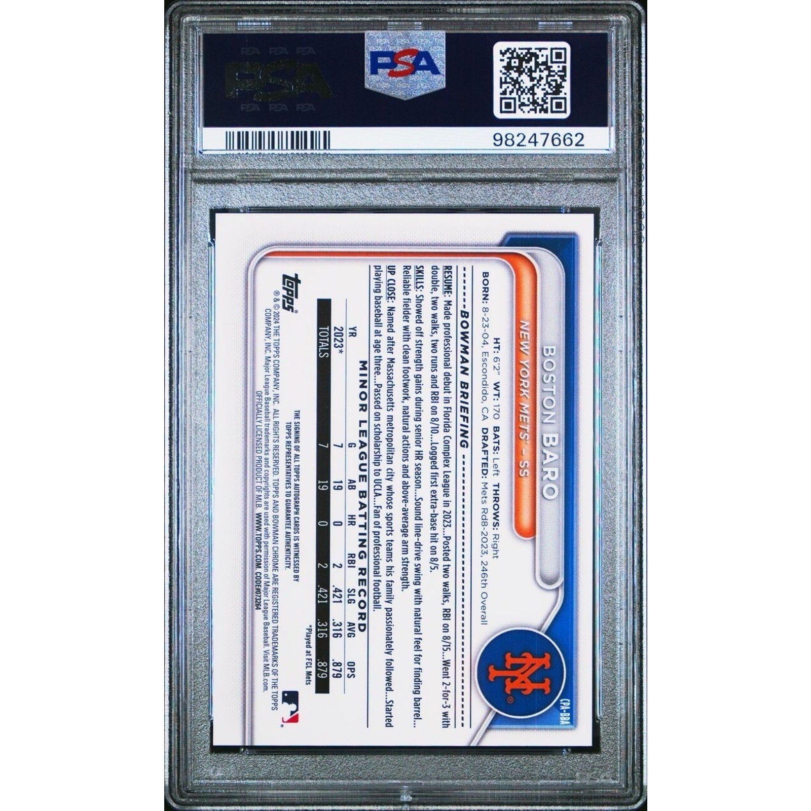 Back of 2024 Bowman Chrome Boston Baro HTA Choice auto rookie card PSA authenticated collectible