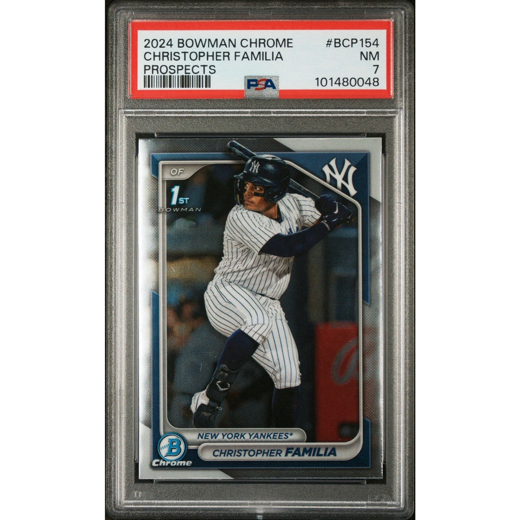 2024 Bowman Chrome Christopher Familia Prospects card #BCP154 PSA rookie baseball card front view for New York Yankees collectors