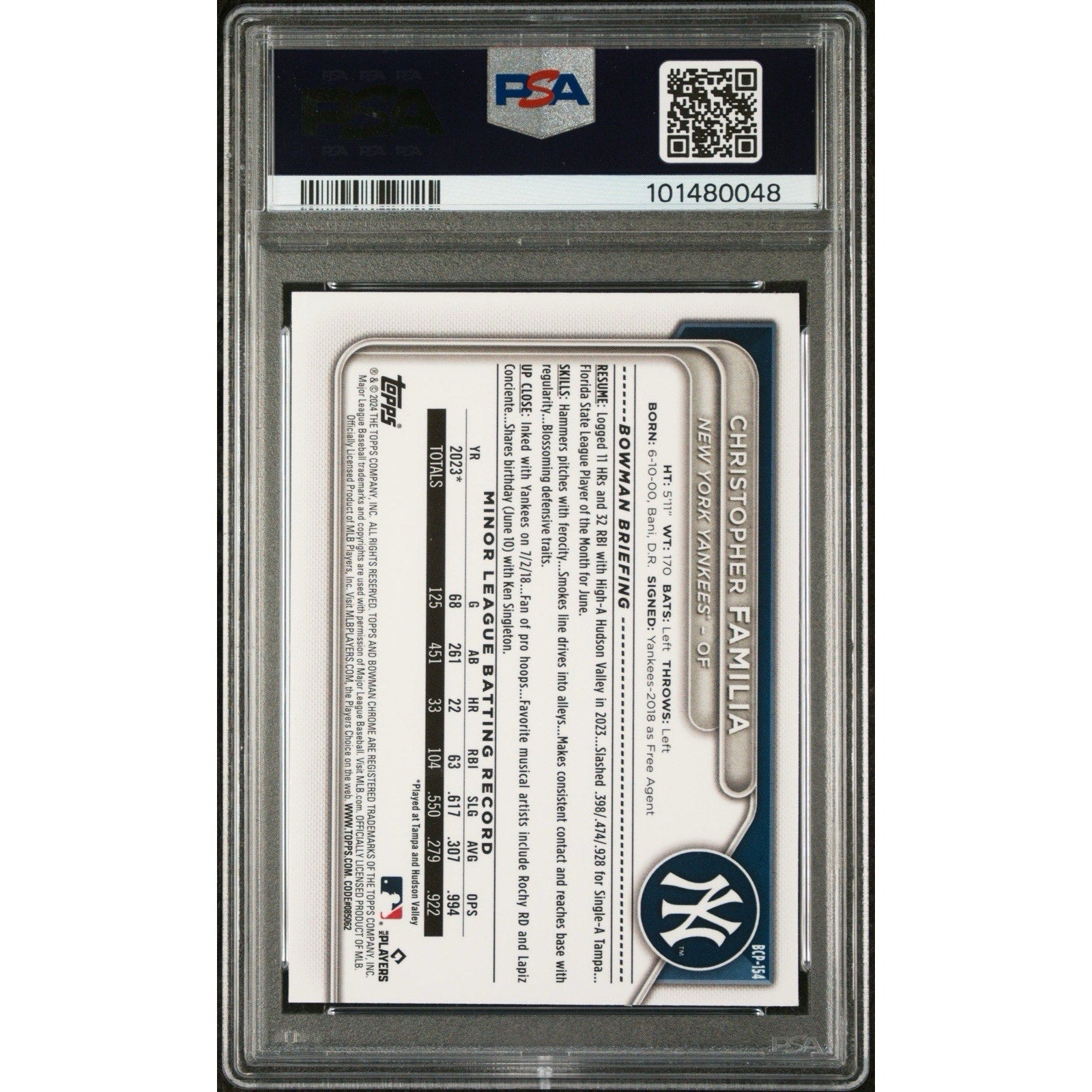 Back view of 2024 Bowman Chrome Christopher Familia prospect baseball card graded and authenticated by PSA